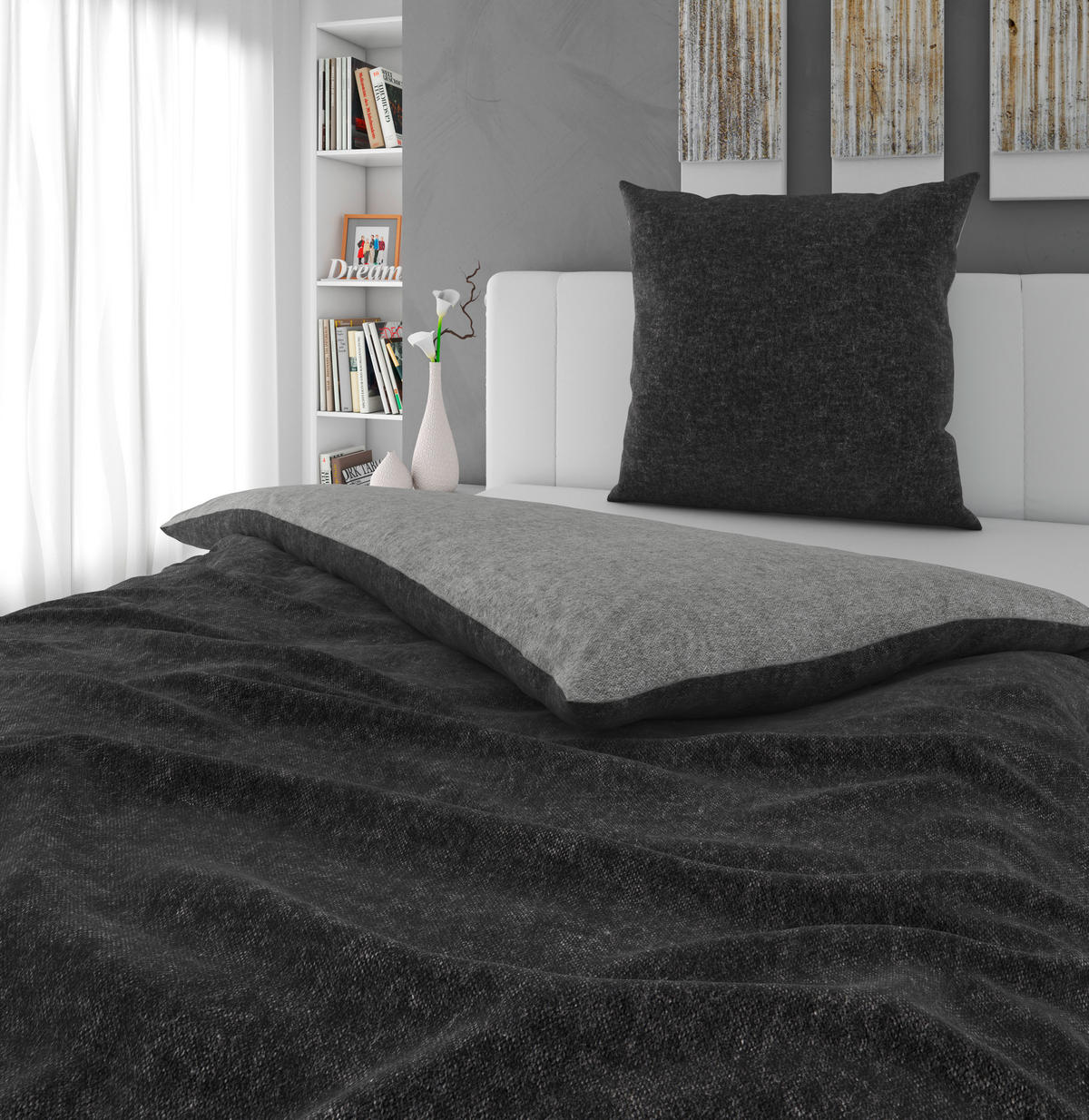 WENDEBETTWÄSCHE 2-teilig Flanell 155/220 cm  - Anthrazit, Basics, Textil (155/220cm) - Novel