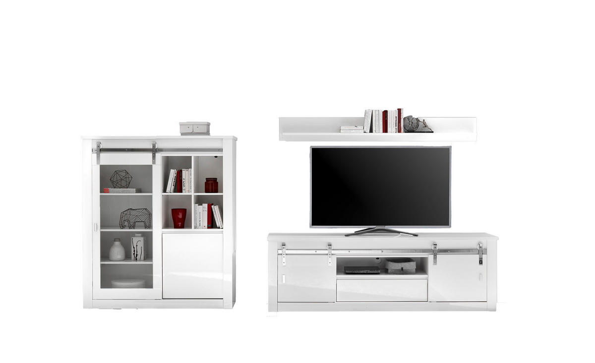 WOHNWAND 3-teilig  in Weiß, Weiß Hochglanz  349/170/43 cm  - Chromfarben/Weiß Hochglanz, Design, Holzwerkstoff/Metall (349/170/43cm) - Livetastic