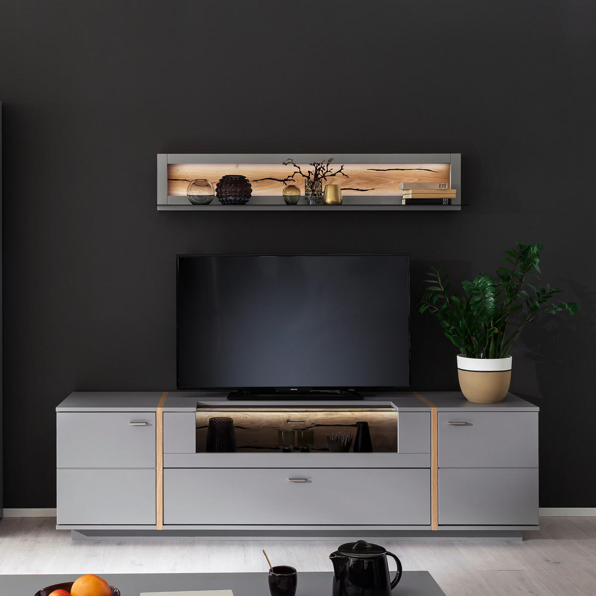 HYLLKOMBINATION  i grå, ekfärgad  276/207/50 cm  - grå/nickelfärgad, Design, metall/trämaterial (276/207/50cm) - MID.YOU