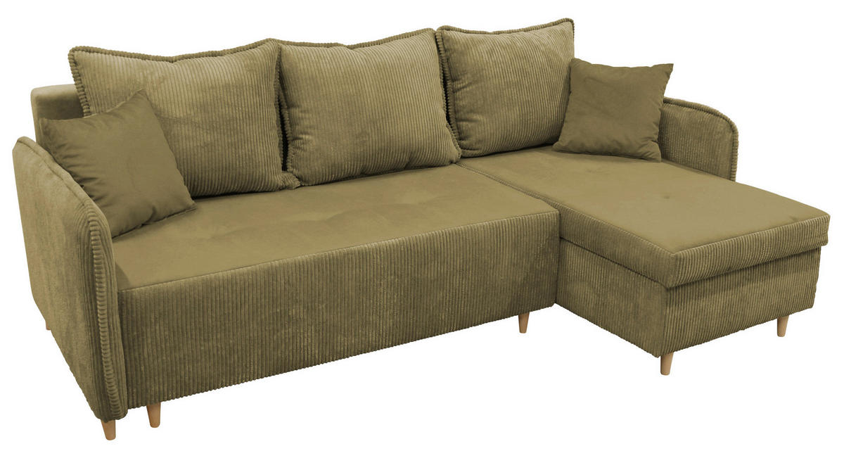 ECKSOFA TEDDY Grün Cord, Bouclé Zierkissen, Rückenkissen, Bettkasten  - Naturfarben/Grün, Design, Holz/Textil (215/142cm) - MID.YOU