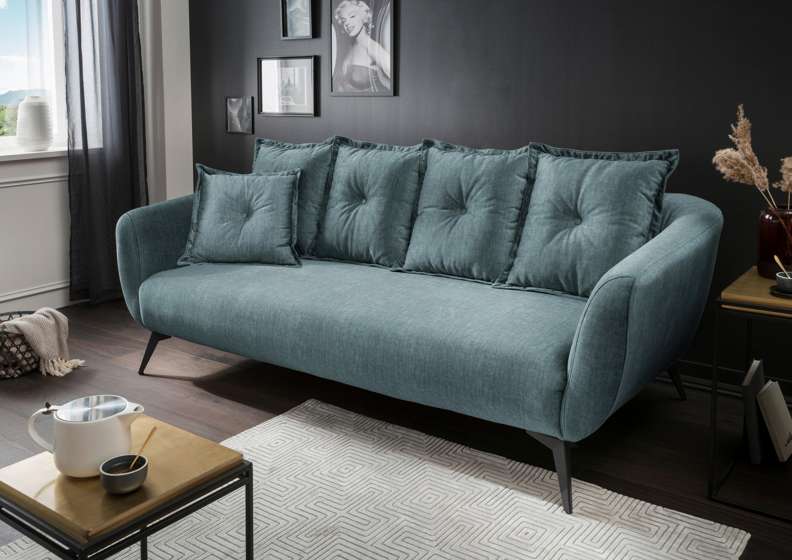 3-SITZER-SOFA in Velours Blau  - Blau/Schwarz, Modern, Holz/Textil (236/94/103cm) - Livetastic