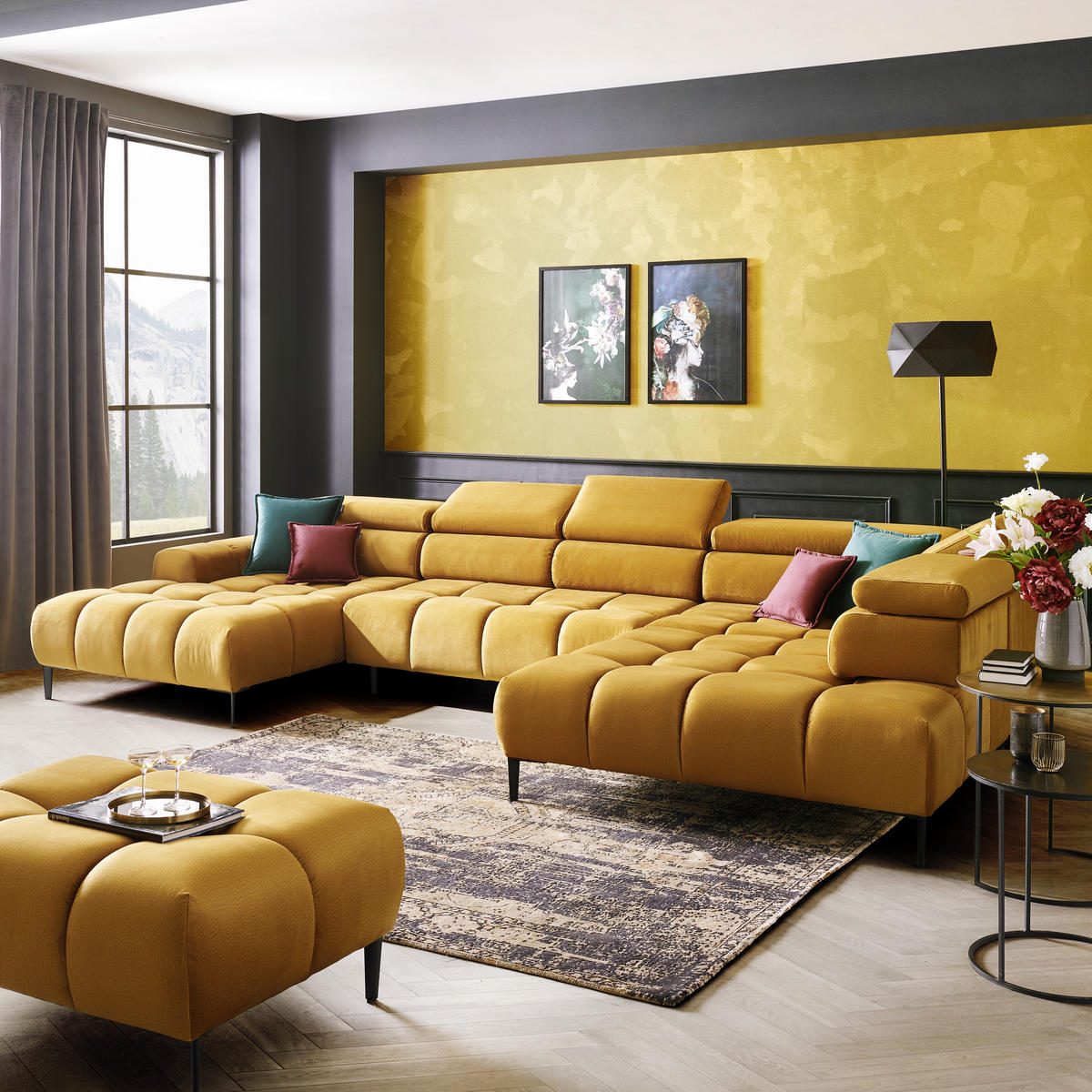 ECKSOFA in Webstoff Currygelb  - Currygelb/Schwarz, Design, Textil/Metall (177/385/216cm) - Welnova