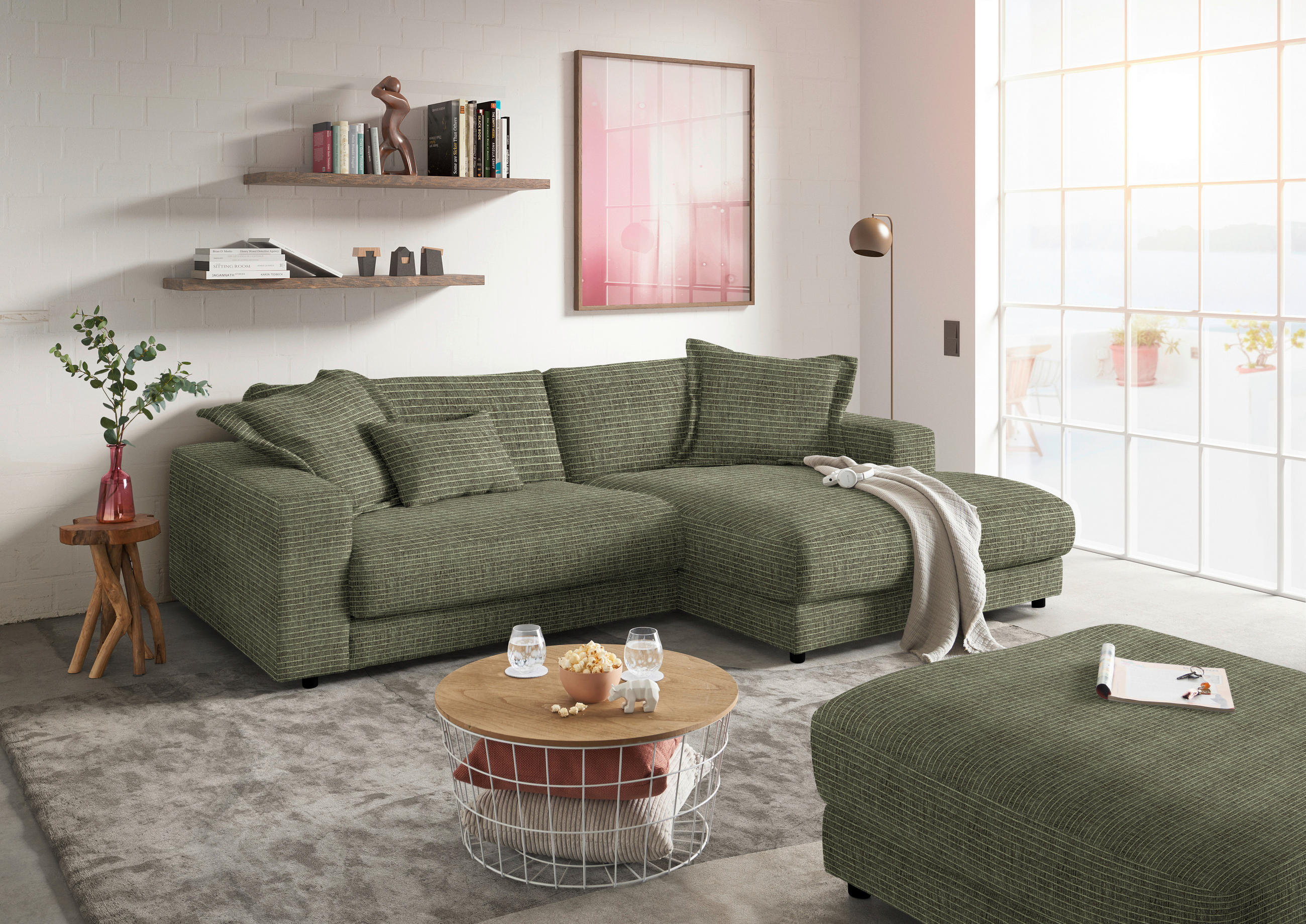ECKSOFA in Chenille Grün  - Schwarz/Grün, Design, Kunststoff/Textil (270/190cm) - Lomoco