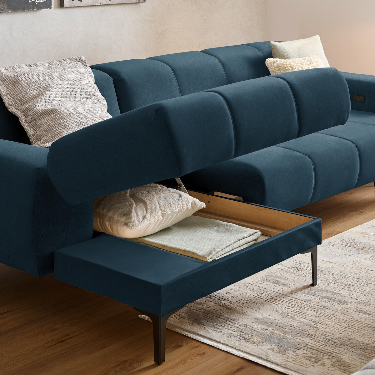 ECKSOFA in Chenille Blau  167/311 cm  - Blau/Schwarz, Design, Textil/Metall (167/311cm) - Xora