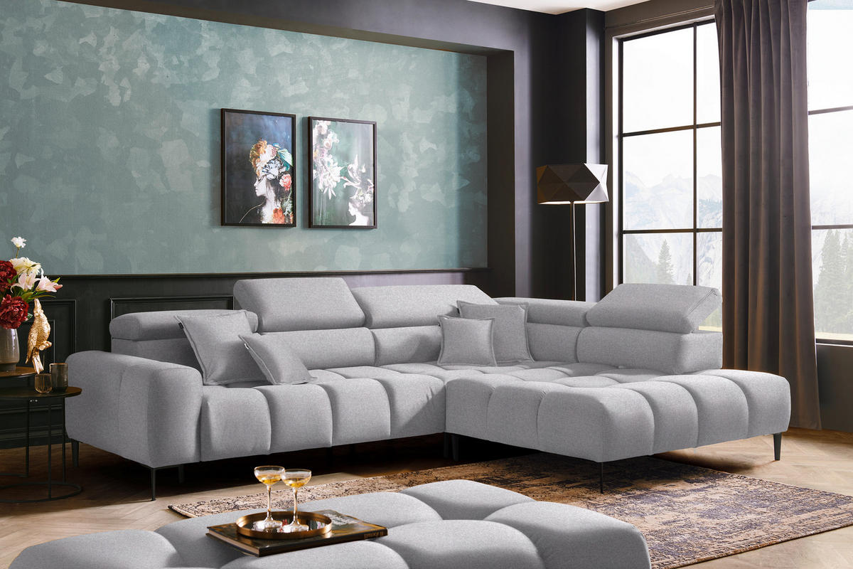 ECKSOFA Hellgrau Webstoff  - Hellgrau/Schwarz, Design, Textil/Metall (300/216cm) - Welnova