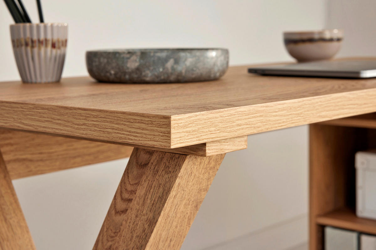 ECKSCHREIBTISCH 140/95/76 cm Eichefarben Kabeldurchlass, Stauraum, seitenverkehrt montierbar, in verschiedenen Holz-Dekoren erhältlich  - Eichefarben/Schwarz, MODERN, Holzwerkstoff/Metall (140/95/76cm) - MID.YOU