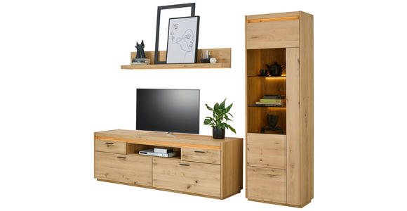 WOHNWAND  in Eichefarben  267/201,9/49,8 cm  - Eichefarben/Schwarz, Natur, Glas/Holz (267/201,9/49,8cm) - Linea Natura