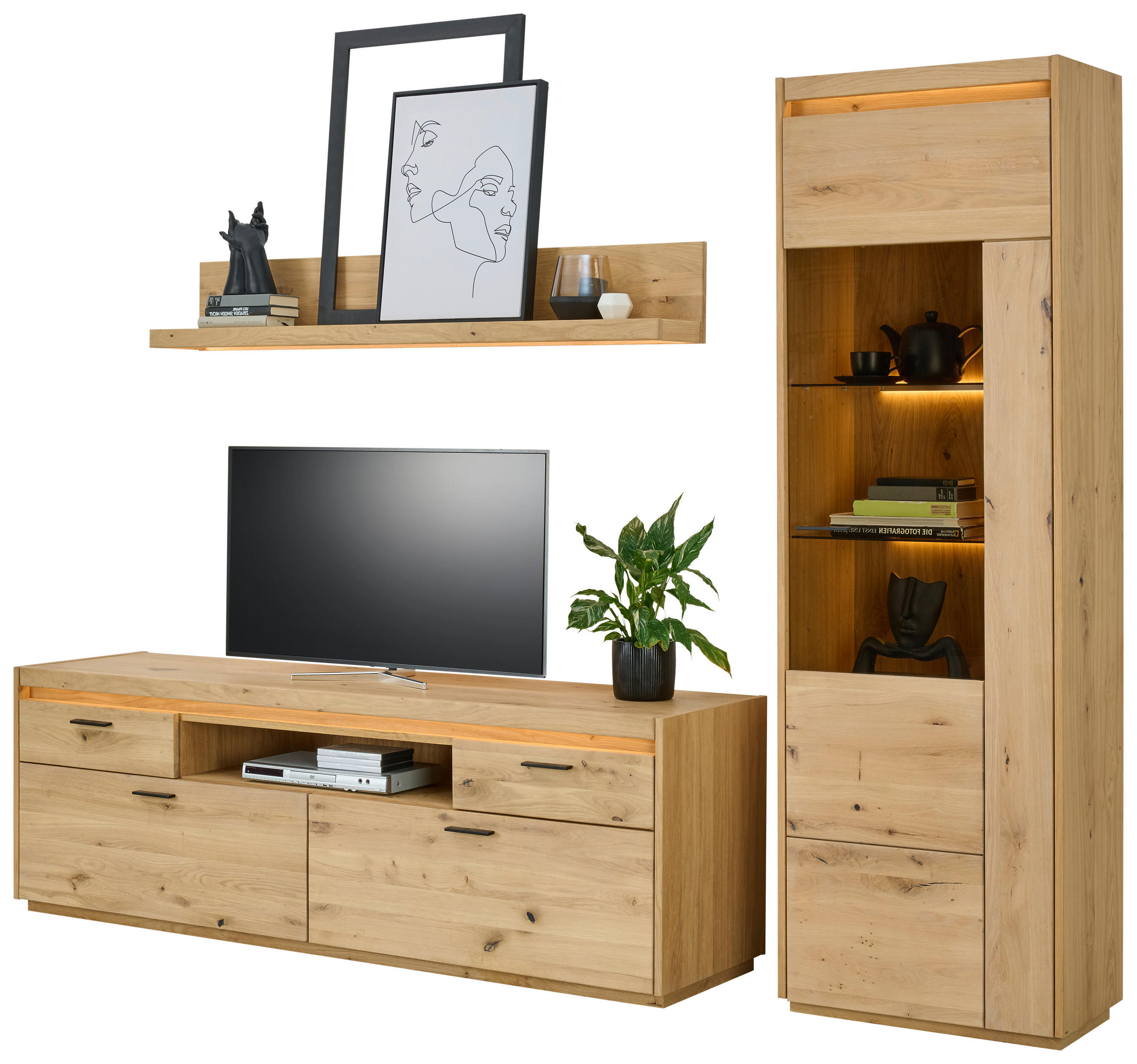 Thumbnail - Linea Natura Wohnwand, Eiche, Metall, Eiche, furniert, massiv,teilmassiv, 2 Schublade(n) Schubladen, 267x201.9x49.8 cm, ...