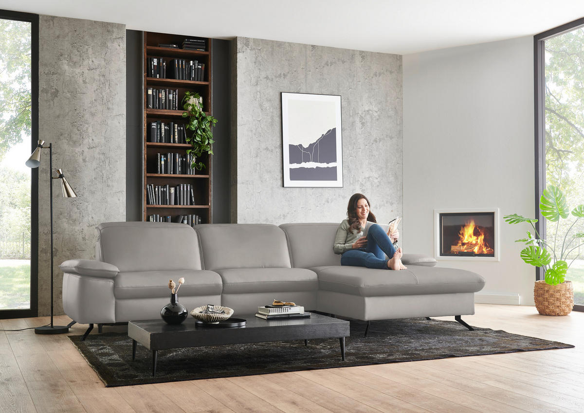 ECKSOFA  Echtleder Hellgrau  - Hellgrau/Schwarz, Design, Leder/Metall (307/169cm) - Beldomo Premium