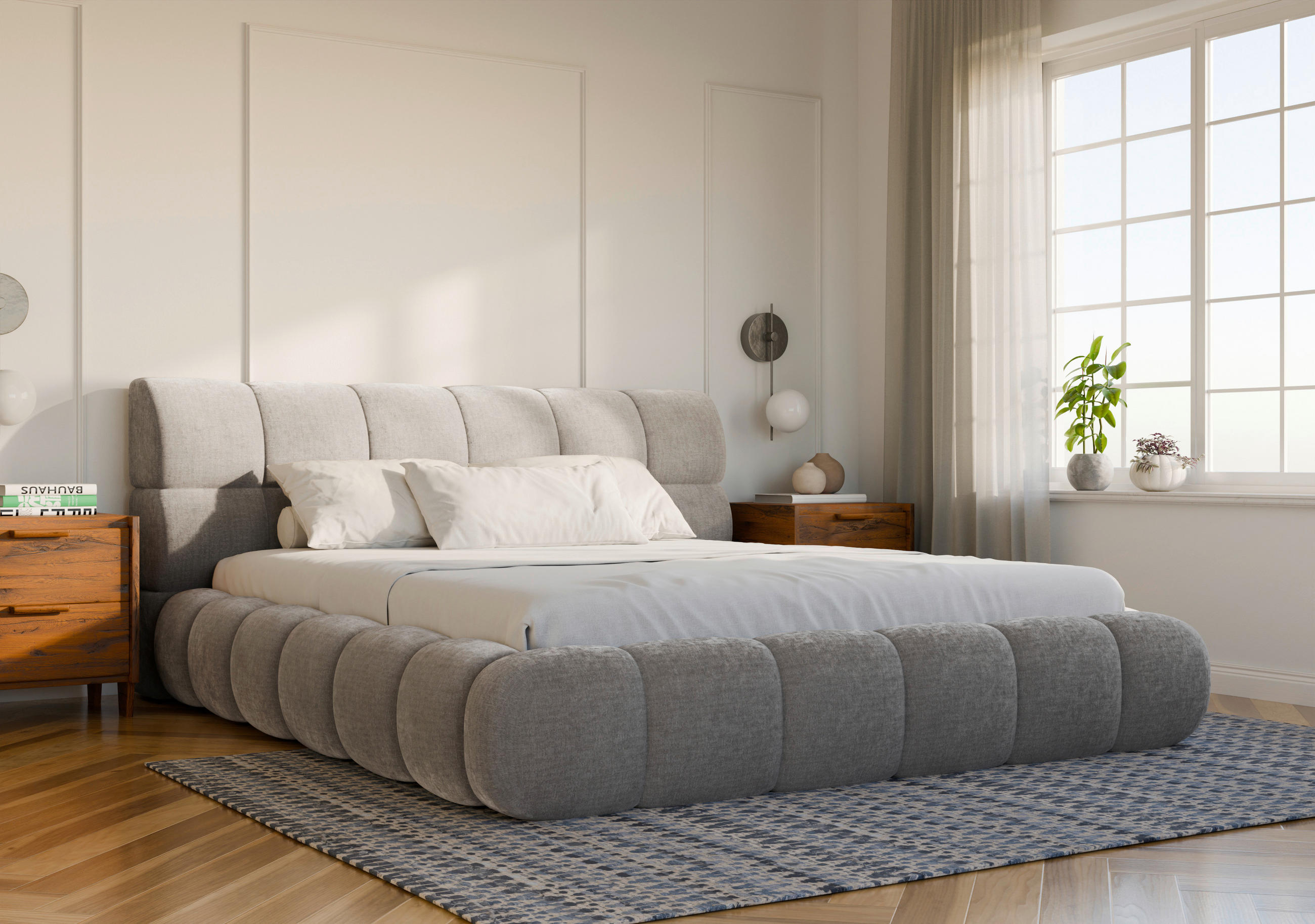 POLSTERBETT 180/200 cm,  in Hellgrau, Lattenrost, Bettkasten,  - Hellgrau/Schwarz, Design, Holz/Textil (180/200cm) - Chameo