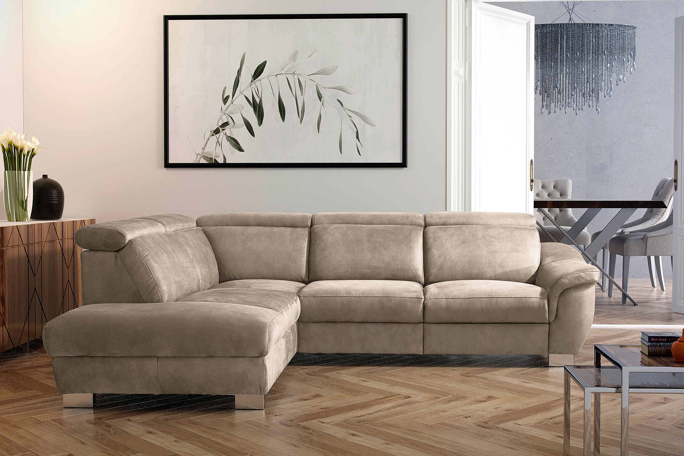 ECKSOFA Taupe Mikrofaser Rücken echt, Relaxfunktion, Kopfteilverstellung  - Taupe/Chromfarben, Design, Textil/Metall (238/276cm) - Livetastic