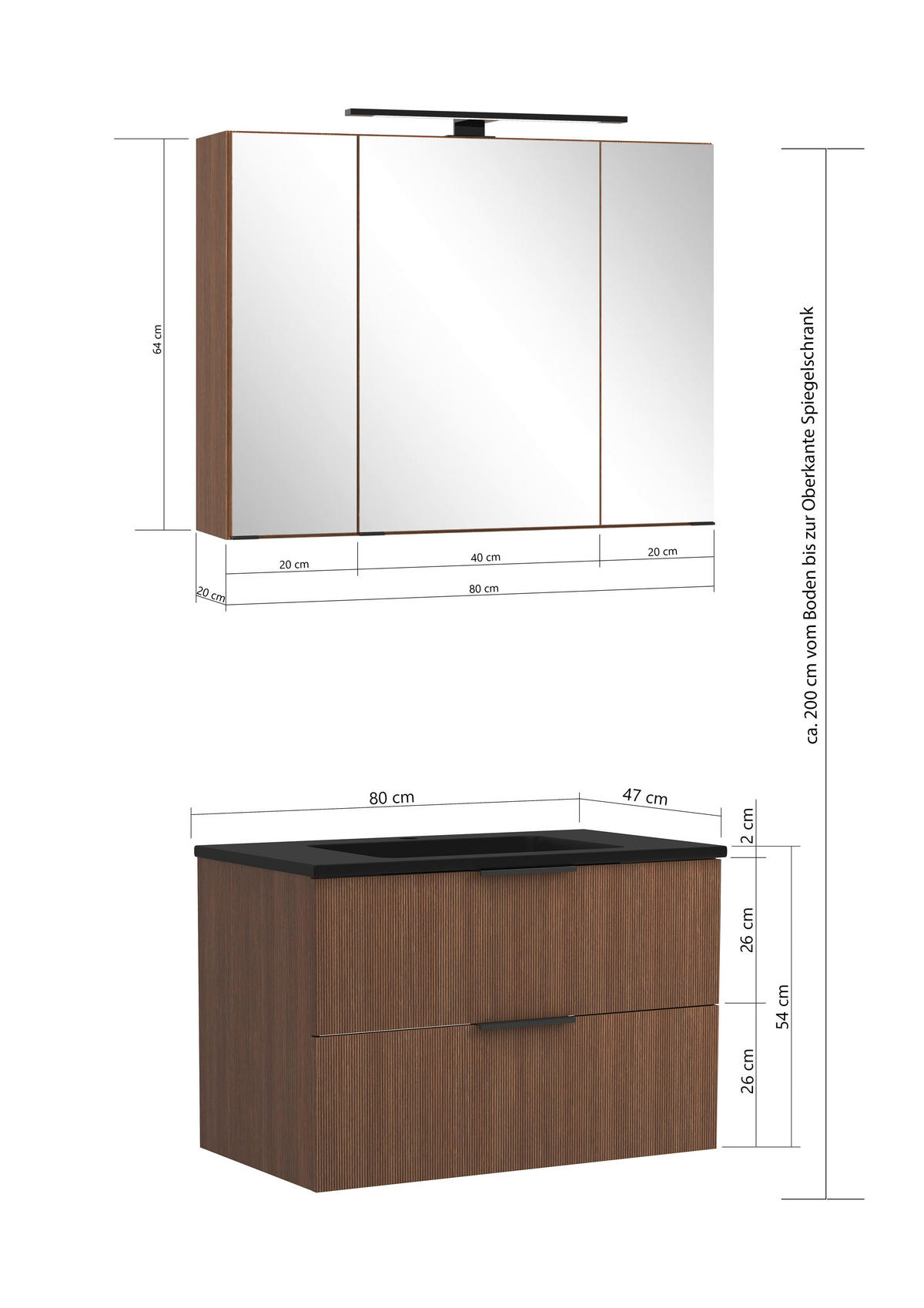 BADEZIMMER 3-teilig  in 80 cm  - Dunkelbraun/Schwarz, Natur, Glas/Holzwerkstoff (80cm) - Held