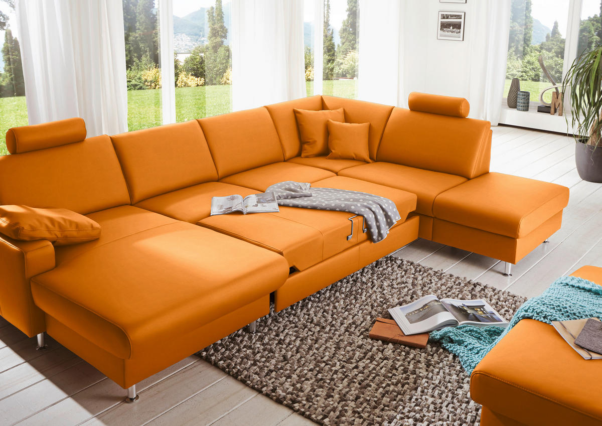 WOHNLANDSCHAFT in Echtleder Orange  - Alufarben/Orange, Design, Leder/Metall (165/339/233cm) - Beldomo Premium