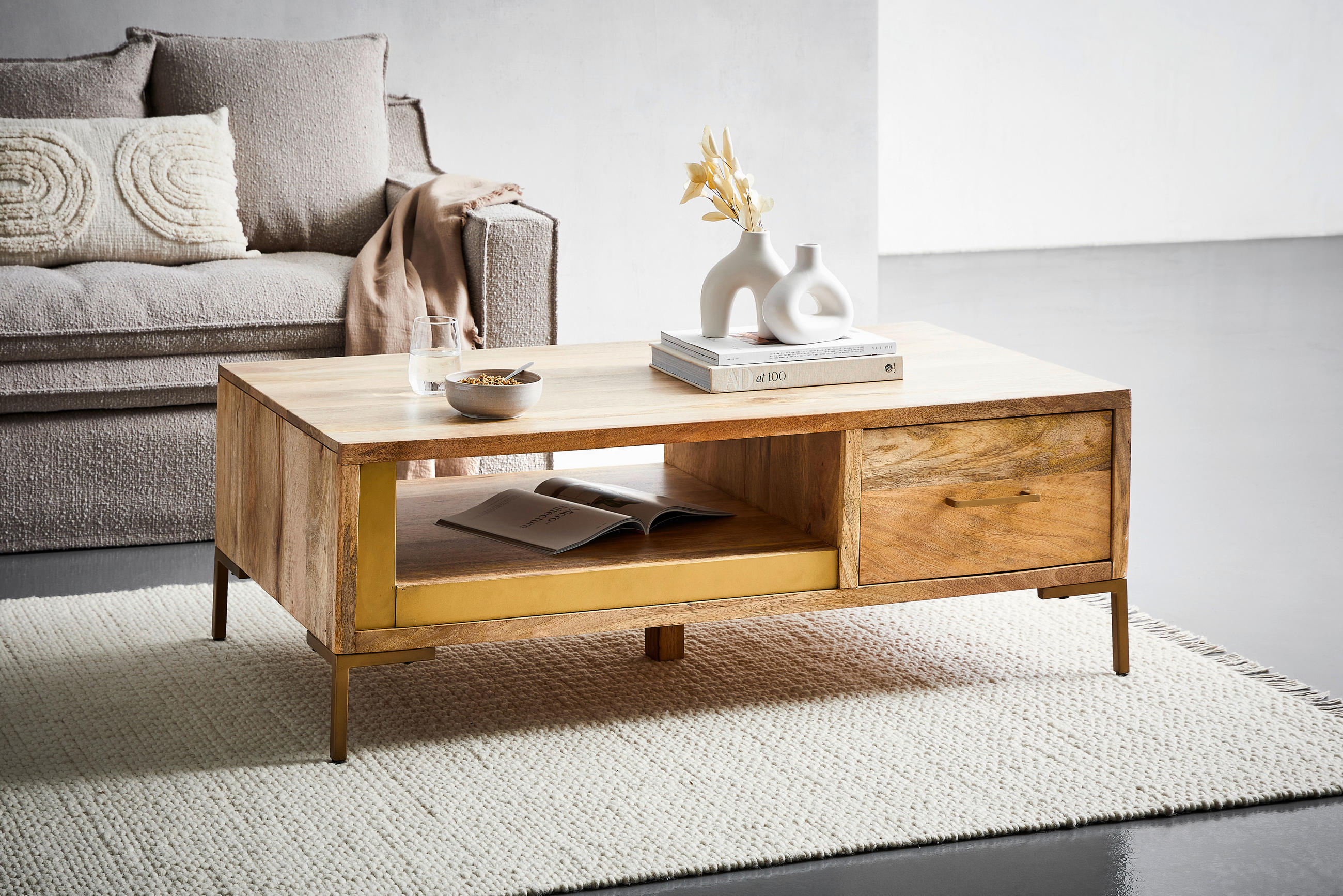 COUCHTISCH in Holz  - Goldfarben/Naturfarben, Natur, Holz/Metall (130/45/70cm) - MID.YOU
