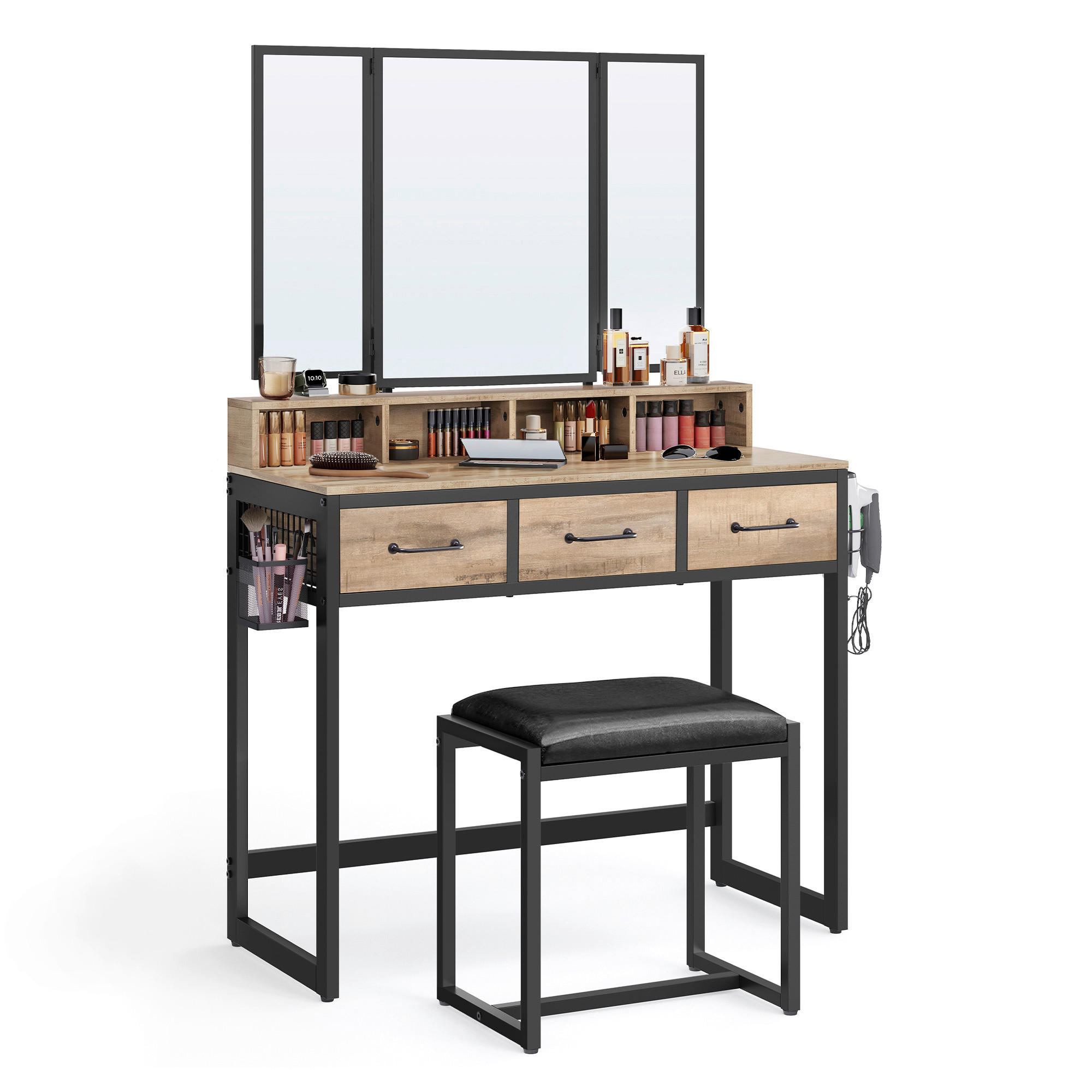 SCHMINKTISCH Schwarz, Eichefarben  - Eichefarben/Schwarz, Trend, Glas/Holzwerkstoff (90/40/141cm) - Boxxx