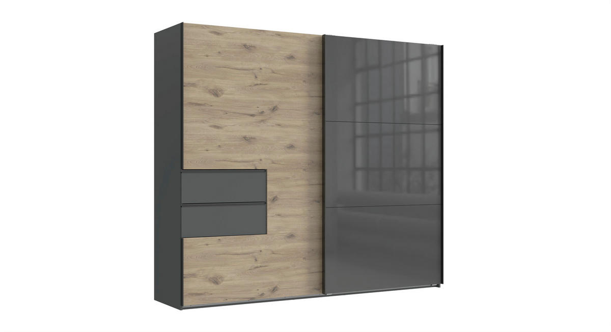 OMARA Z DRSNIMI VRATI, barve grafita, barve hrasta  - črna/barve hrasta, Moderno, kovina/steklo (250/216/65cm) - Hom`in