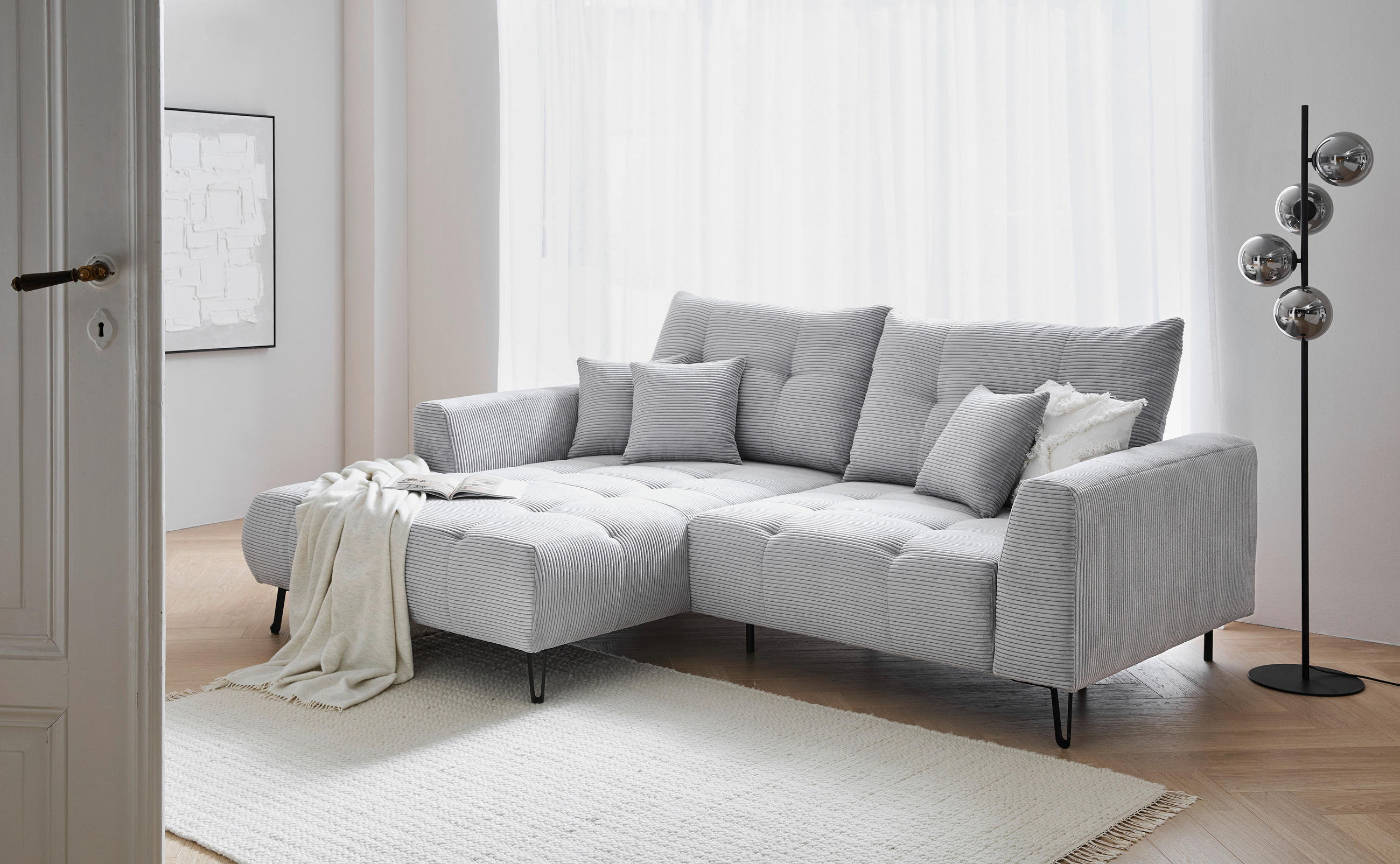 ECKSOFA in Cord Hellgrau  - Hellgrau/Schwarz, Konventionell, Textil/Metall (185/250cm) - Carryhome