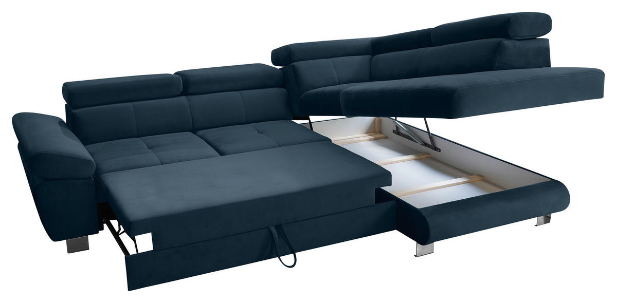 ECKSOFA Dunkelblau Webstoff Bettkasten, Schlaffunktion, Rücken echt, Armteilverstellung, Kopfteilverstellung  - Chromfarben/Dunkelblau, MODERN, Textil/Metall (278/205cm) - Stylife