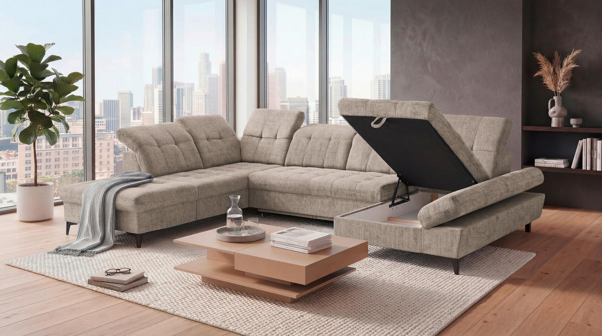 WOHNLANDSCHAFT Mikrovelours Beige  - Beige/Schwarz, Modern, Kunststoff/Textil (245/348/168cm) - MID.YOU