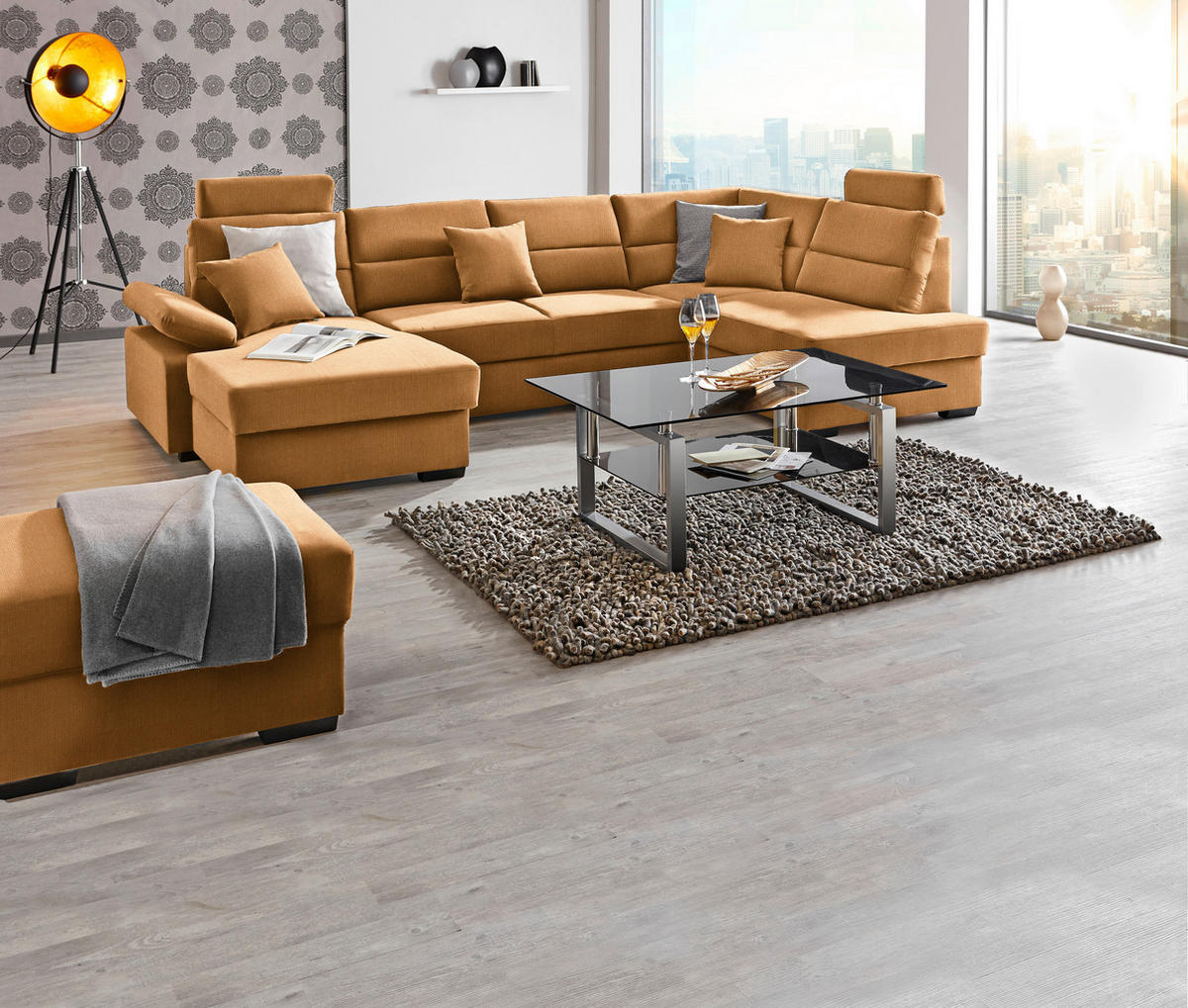 WOHNLANDSCHAFT in Webstoff Currygelb  - Currygelb/Dunkelbraun, Konventionell, Kunststoff/Textil (166/319/183cm) - Cantus