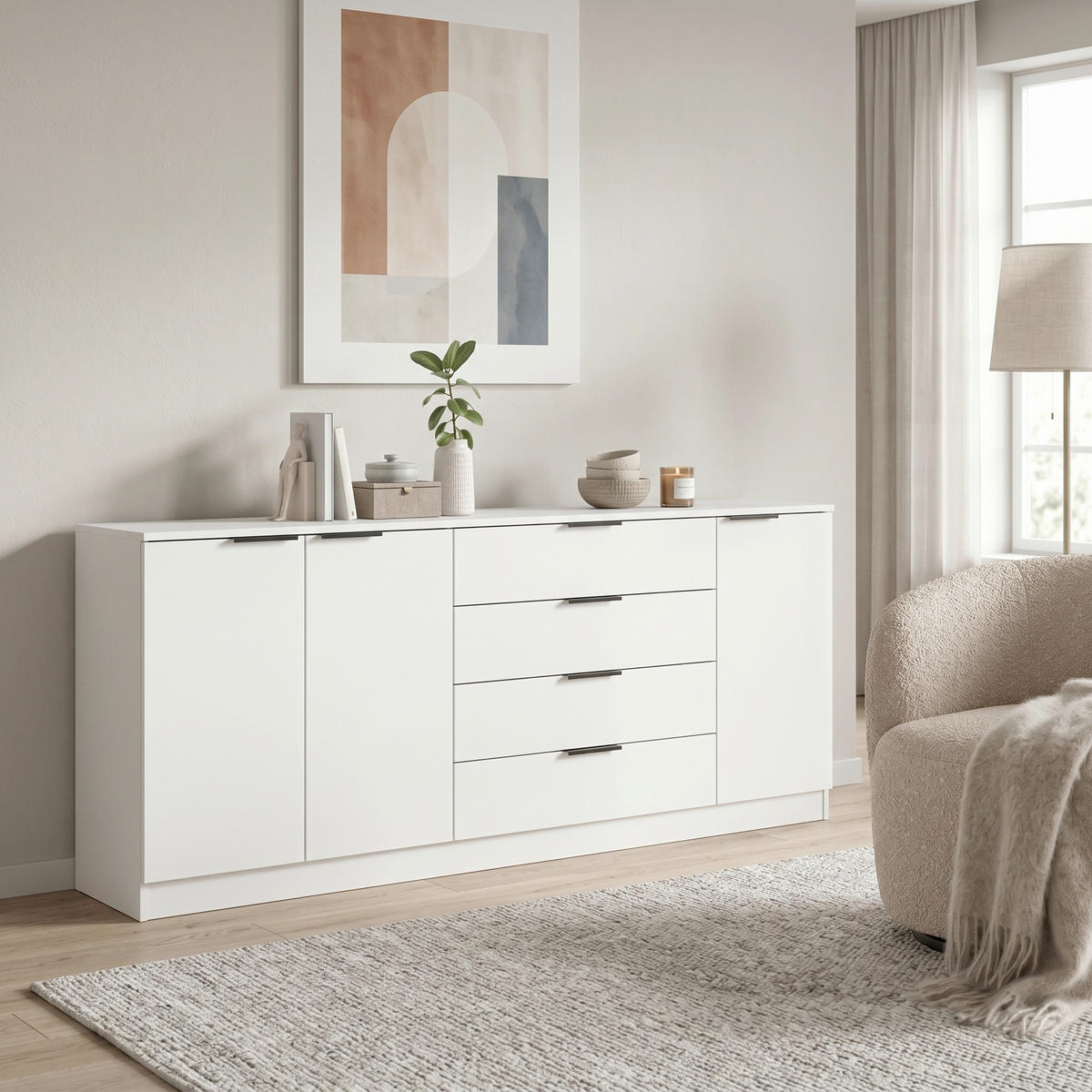 SIDEBOARD  185/80/35 cm 4 Schublade(n)  - Schwarz/Weiß, Design, Holzwerkstoff/Kunststoff (185/80/35cm) - Livetastic