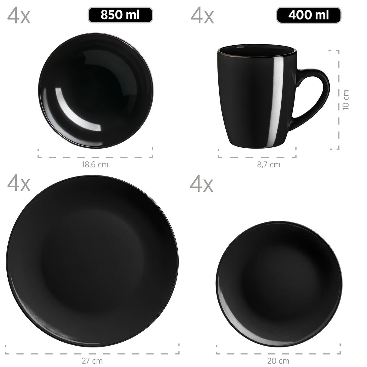 KOMBISERVICE 24-teilig Metallic Rim  - Schwarz, Basics, Keramik - Mäser