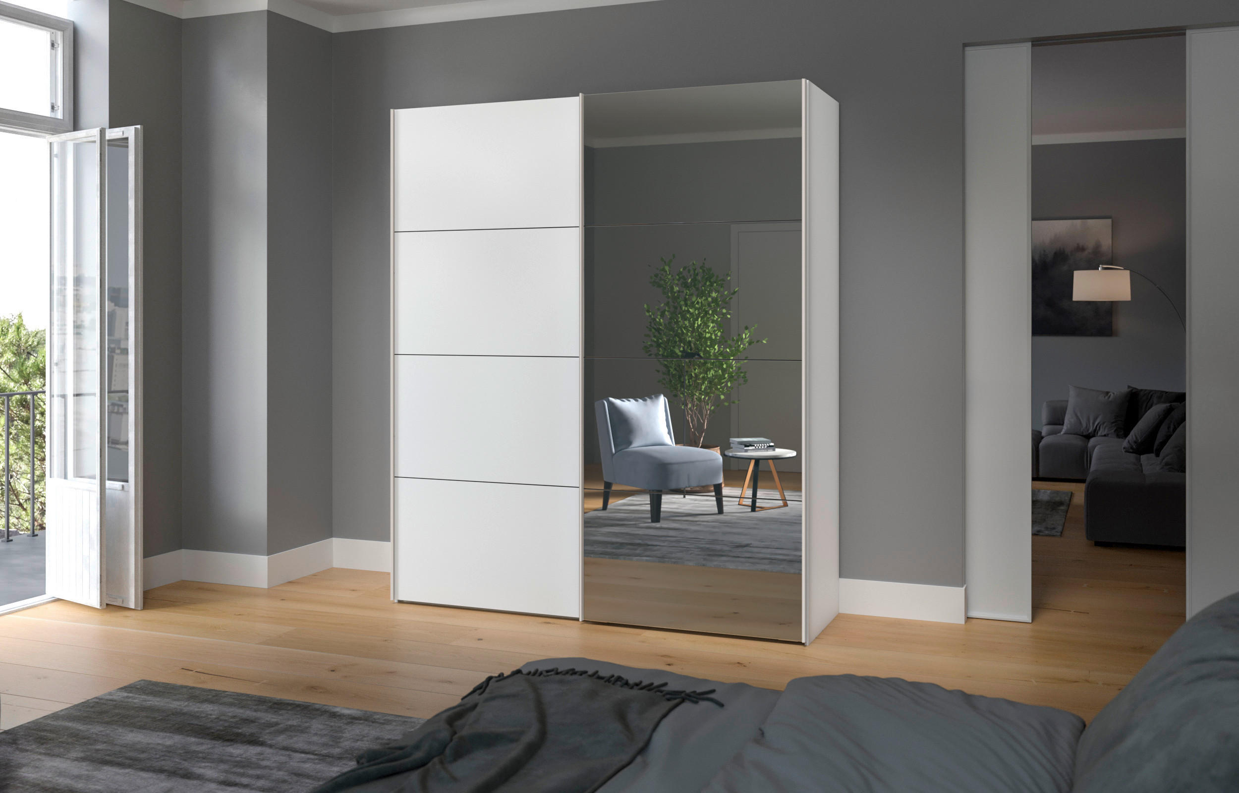 SCHWEBETÜRENSCHRANK in Weiss  - Weiss/Edelstahlfarben, Design, Glas/Holzwerkstoff (203/236/65cm) - Carryhome