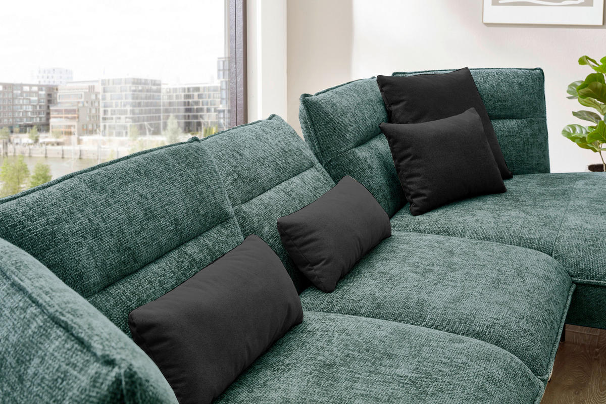 ECKSOFA in Flachgewebe Blau, Grün  - Blau/Schwarz, Design, Textil/Metall (339/153cm) - Moderano