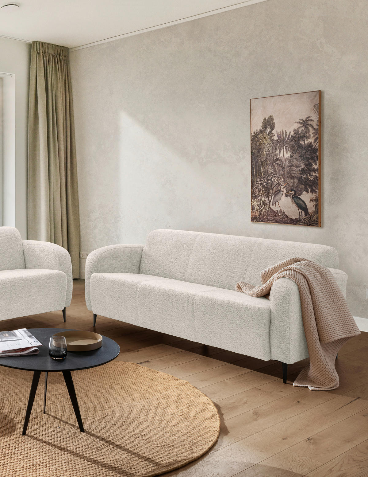 3-SITZER-SOFA in Bouclé Weiss  - Weiss/Schwarz, Modern, Textil/Metall (180/76/90cm) - Livetastic