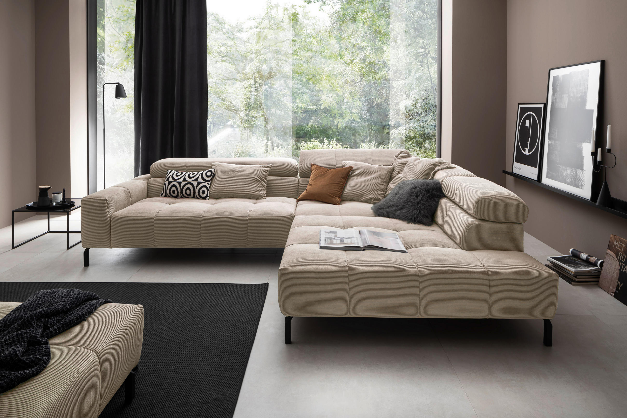 ECKSOFA in Cord Taupe  - Taupe/Schwarz, Konventionell, Textil/Metall (311/219cm) - Hom`in