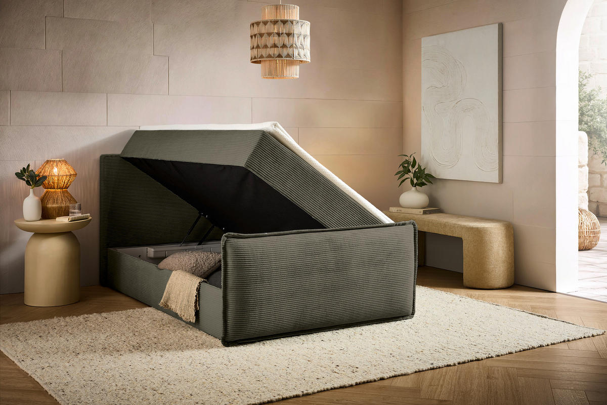 BOXBETT 120/200 cm,  in Waldgrün, Kissen, Bettkasten, Topper, H3 = fest  - Waldgrün/Schwarz, Design, Kunststoff/Textil (120/200cm) - Chameo
