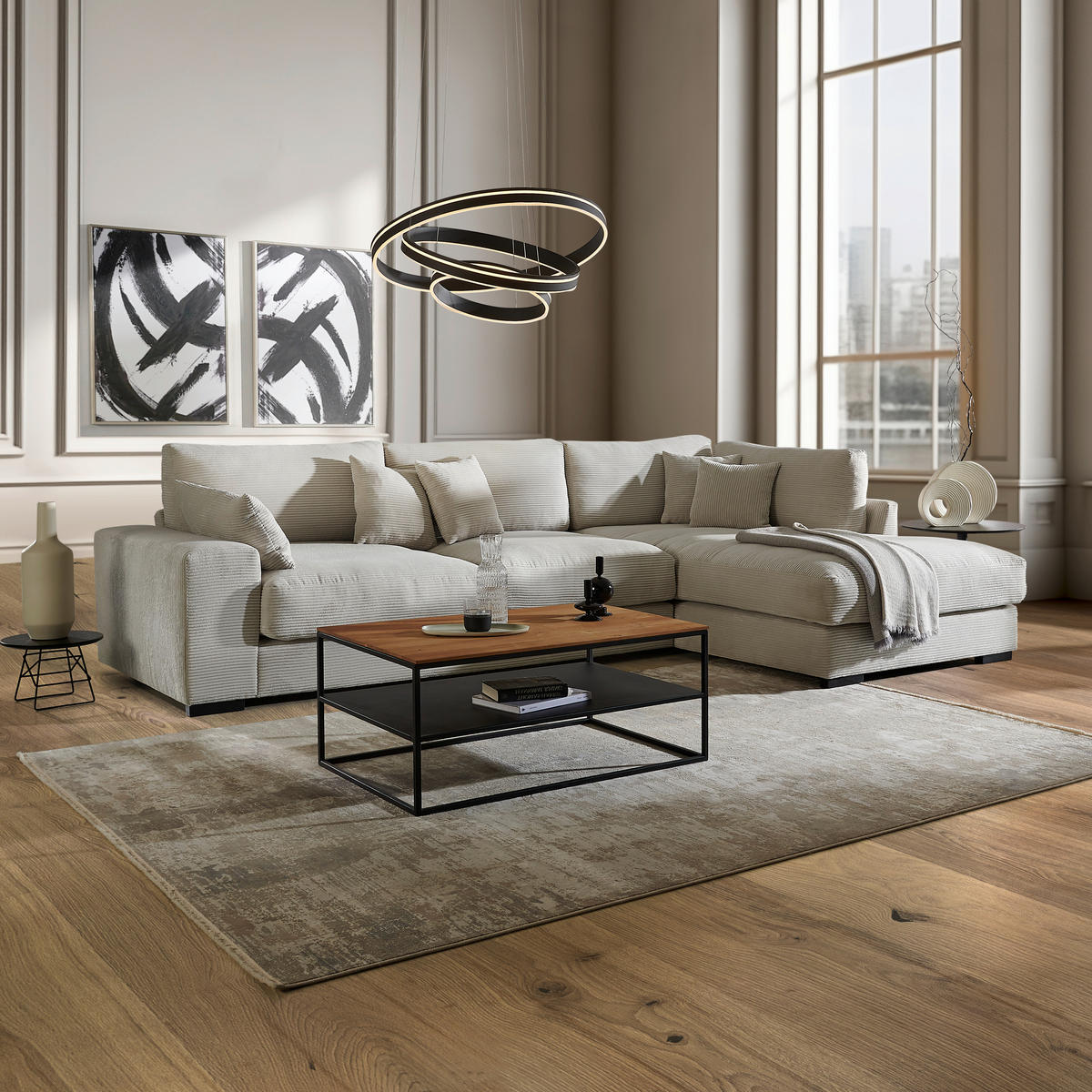 ECKSOFA in Cord Hellgrau  340/205 cm  - Hellgrau/Schwarz, Design, Kunststoff/Textil (340/205cm) - Lomoco
