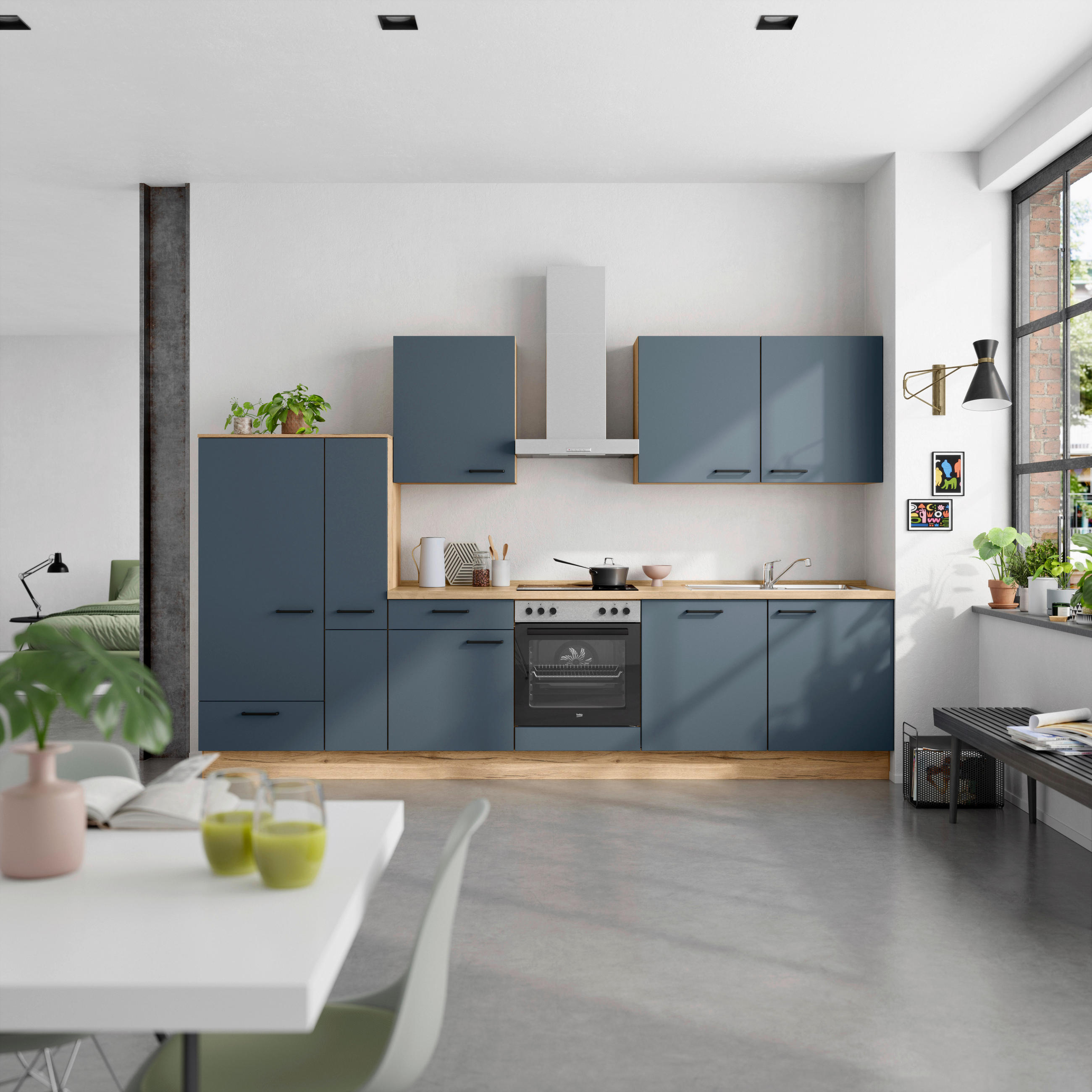 Nobilia Küchenblock Easytouch Eiche, Dunkelblau 330 cm