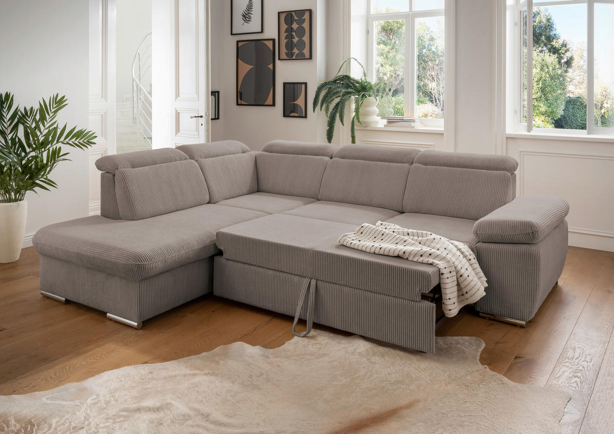 ECKSOFA Graubraun Cord  - Chromfarben/Graubraun, Design, Textil/Metall (228/283cm) - Livetastic
