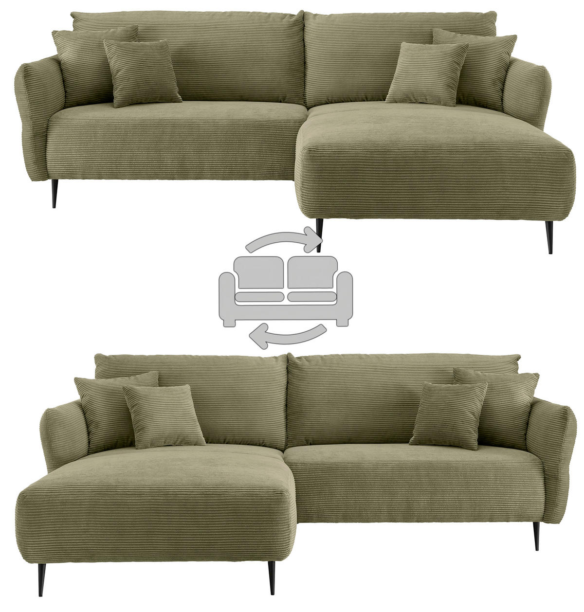 Wohnlandschaft in Cord Olivgrün  - Schwarz/Olivgrün, Design, Textil/Metall (178/264cm) - Livetastic