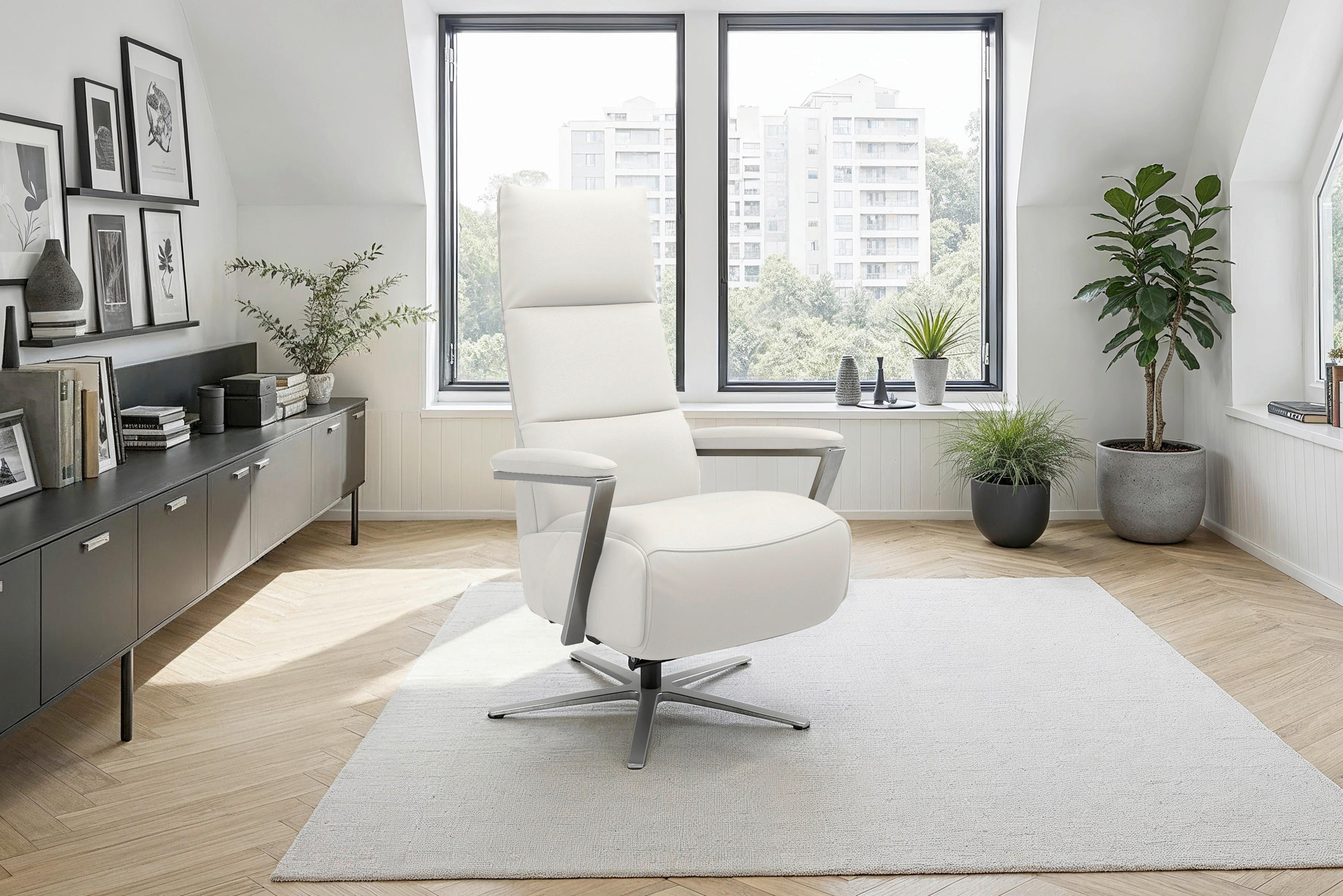 RELAXSESSEL TV VARIO COMFORT E S1 Echtleder Kopfteilverstellung, Rücken echt    - Silberfarben/Weiß, Basics, Leder/Metall (70/124/85cm) - Sit & More