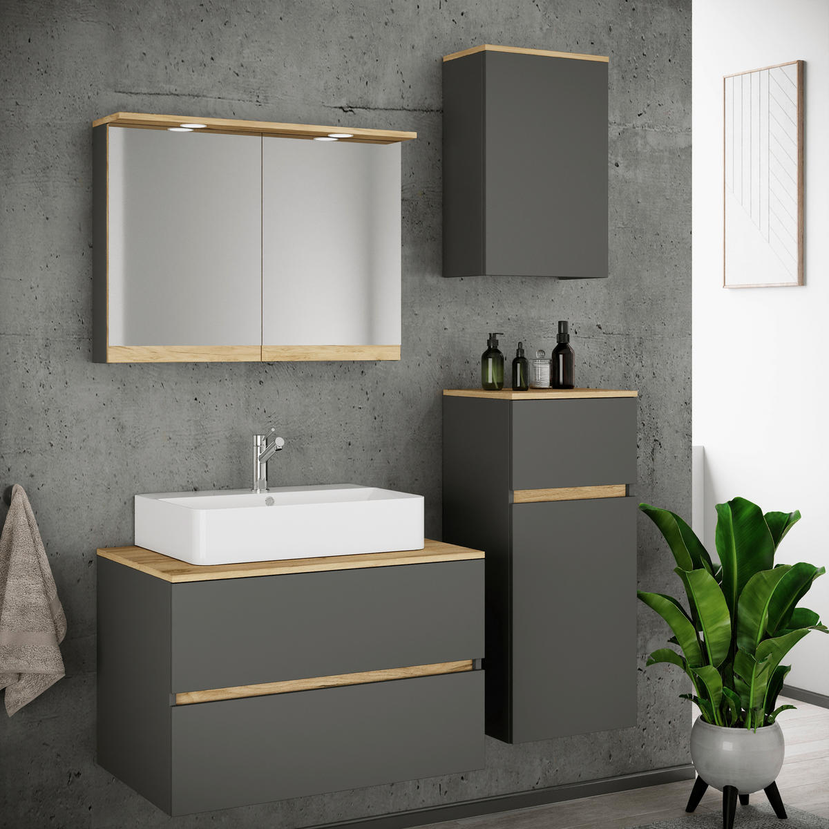 BADEZIMMER 5-teilig  in 120 cm  - Honigeiche/Anthrazit, Trend, Keramik/Holzwerkstoff (120cm) - MID.YOU