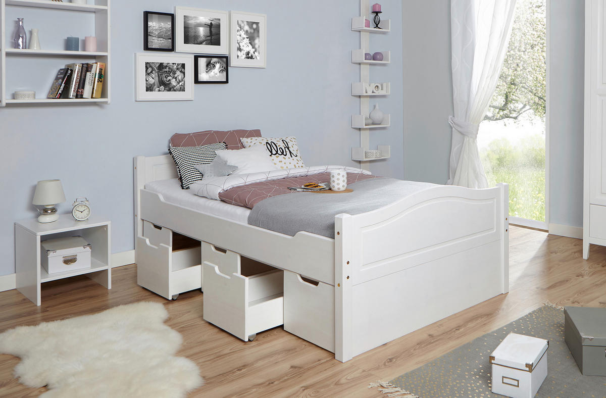 STAURAUMBETT 120/200 cm  in Weiß  - Weiß/Naturfarben, MODERN, Holz (120/200cm) - MID.YOU