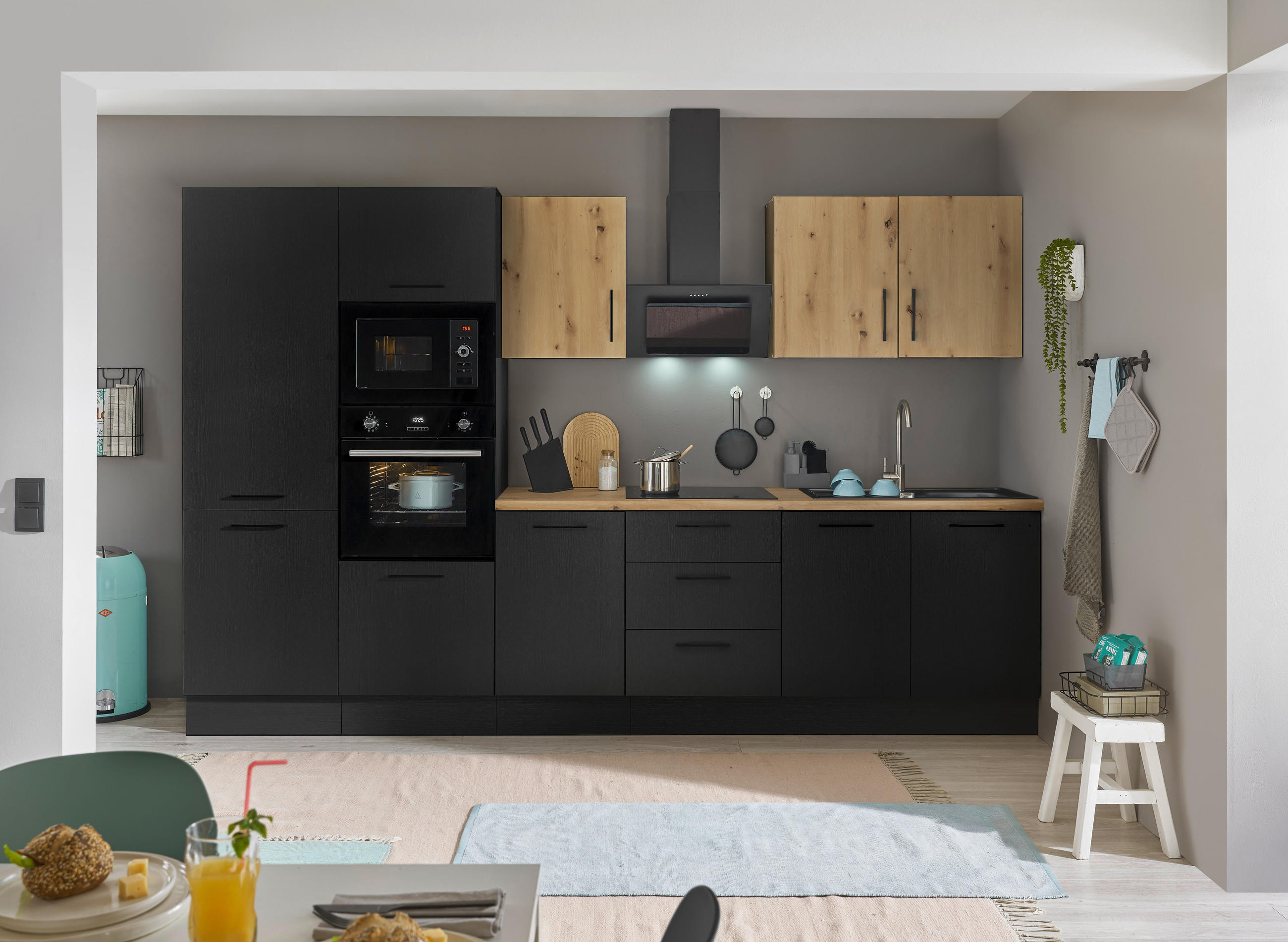 P & B Küchenblock Eiche Artisan, Schwarz 330 cm