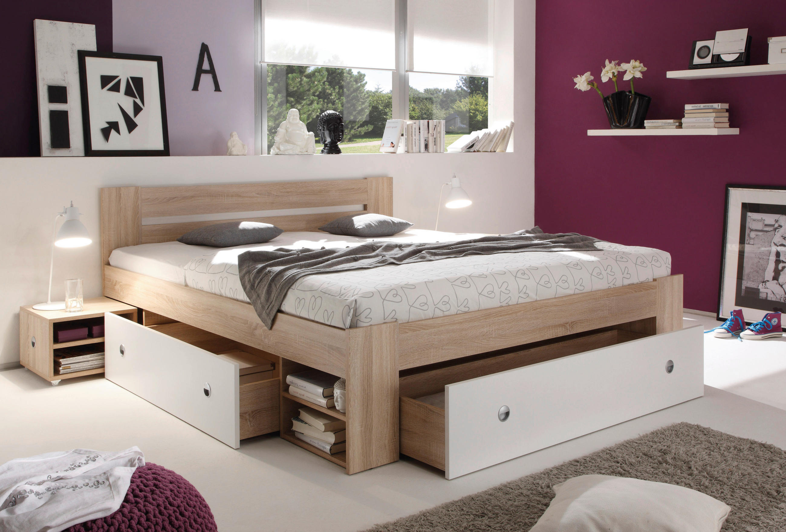 POSTELOVÁ SESTAVA, 140/200 cm, bílá, barvy dubu - bílá/barvy dubu, Design, kompozitní dřevo (140/200cm) - Cantus