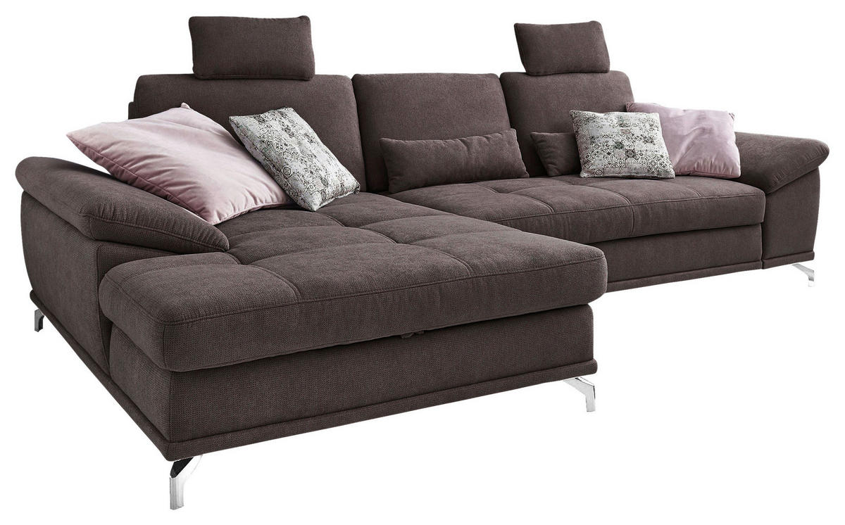 ECKSOFA Dunkelbraun Flachgewebe Bettkasten, Schlaffunktion, Sitztiefenverstellung, Kopfstütze, Liegefläche im Originalstoff  - Dunkelbraun/Silberfarben, KONVENTIONELL, Textil/Metall (176/301cm) - Sit & More