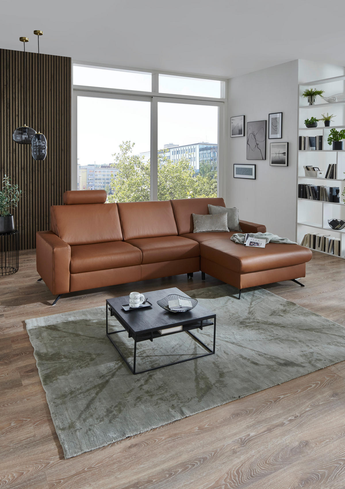 ECKSOFA in Echtleder Cognac  - Cognac/Schwarz, Design, Leder/Metall (267/165cm) - Lomoco