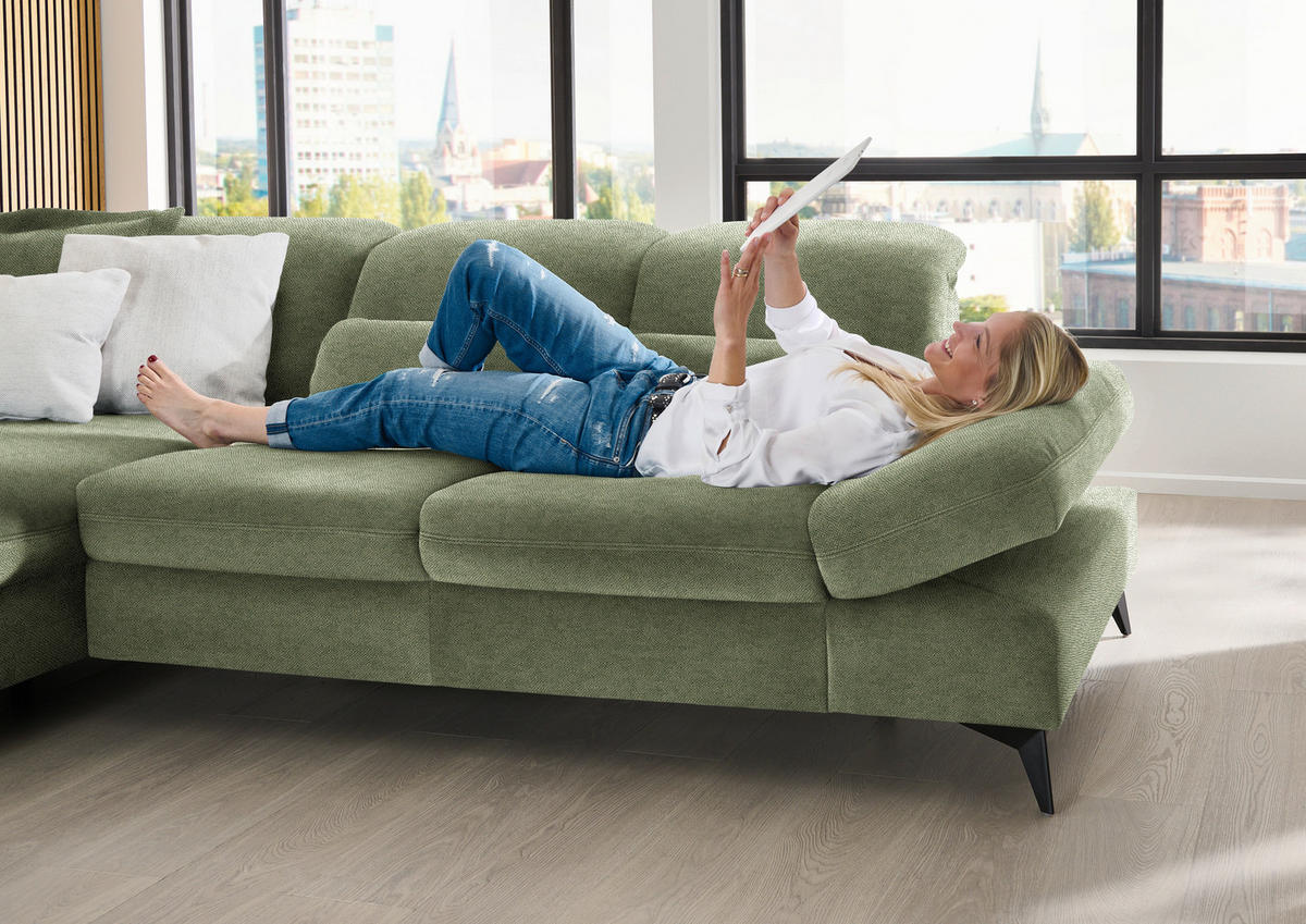 ECKSOFA  in Chenille Olivgrün  198/288 cm  - Schwarz/Olivgrün, Design, Textil/Metall (198/288cm) - Beldomo Style