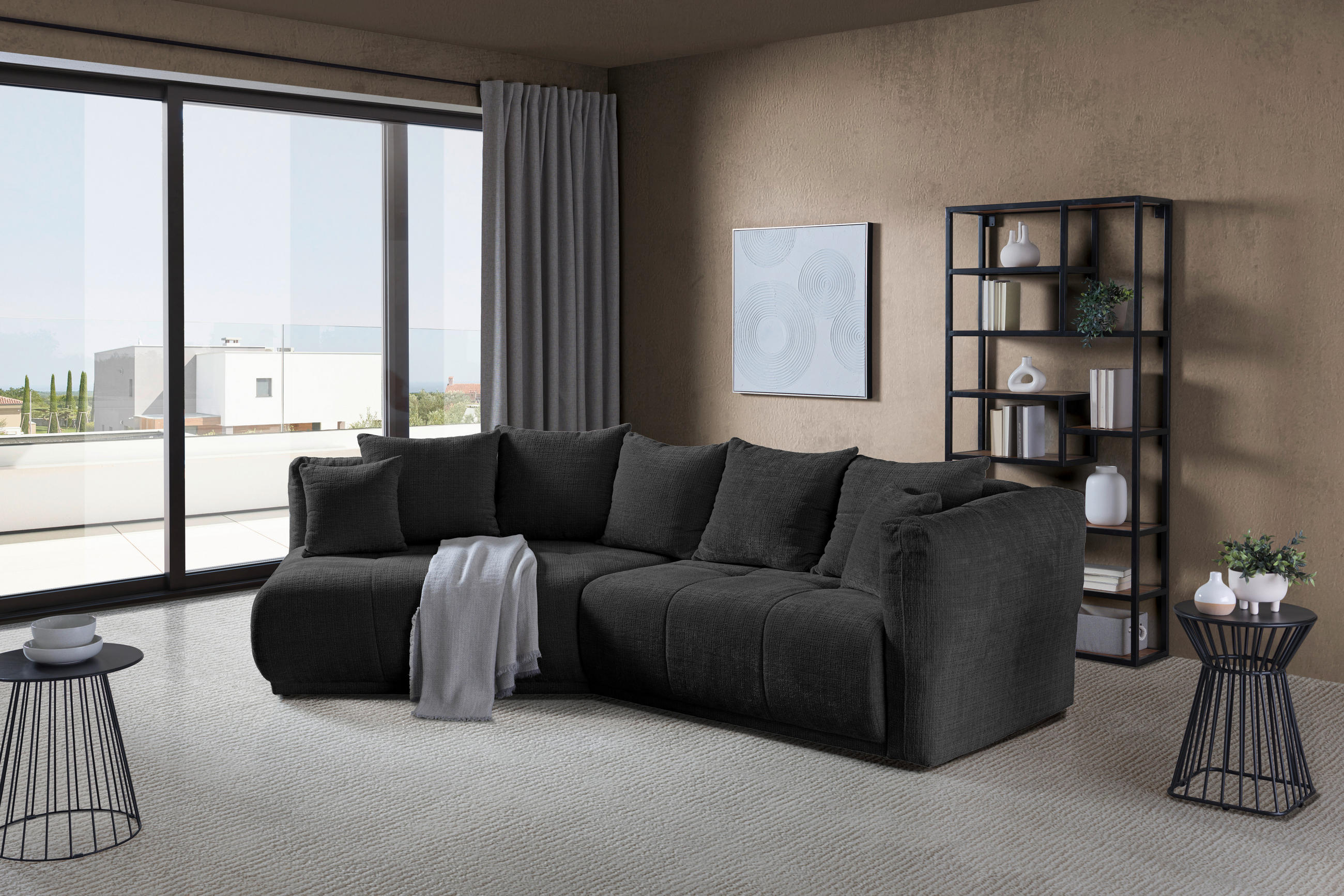 ECKSOFA in Chenille Schwarz  - Schwarz, Modern, Kunststoff/Textil (180/315cm) - Hom`in