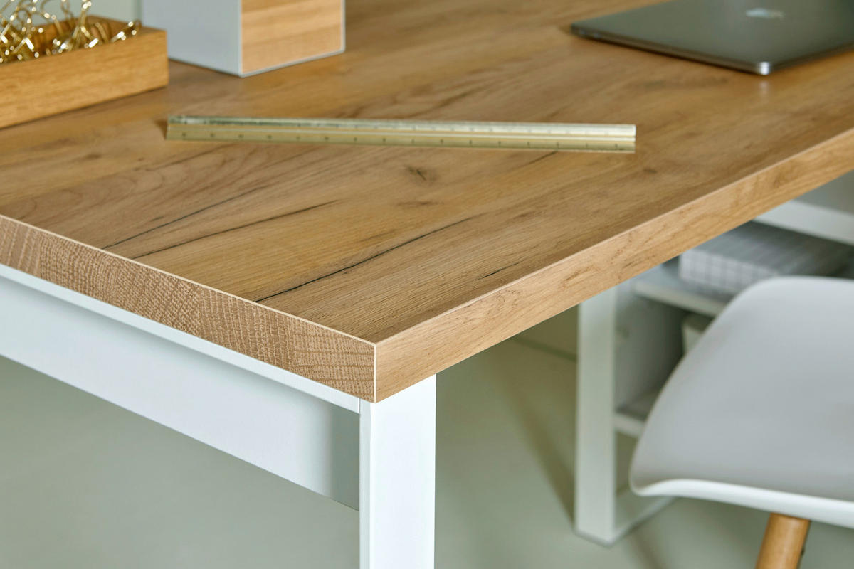 SCHREIBTISCH 147/120/76 cm  in Weiss, Eichefarben  - Weiss/Eichefarben, Konventionell, Holzwerkstoff/Metall (147/120/76cm) - Livetastic