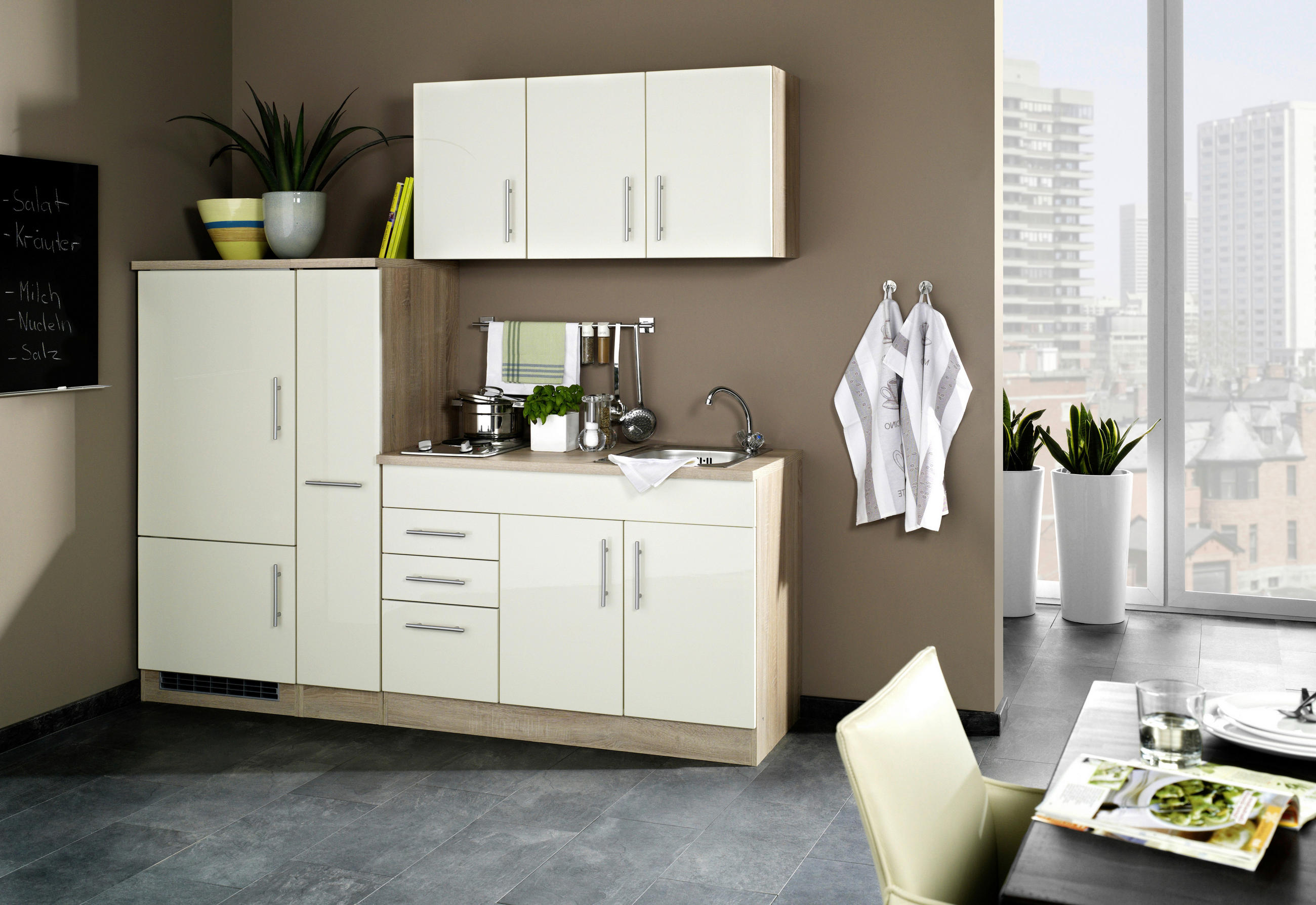 KÜCHENBLOCK 210 cm   in Creme  - Chromfarben/Eichefarben, MODERN, Holzwerkstoff/Metall (210cm) - Held