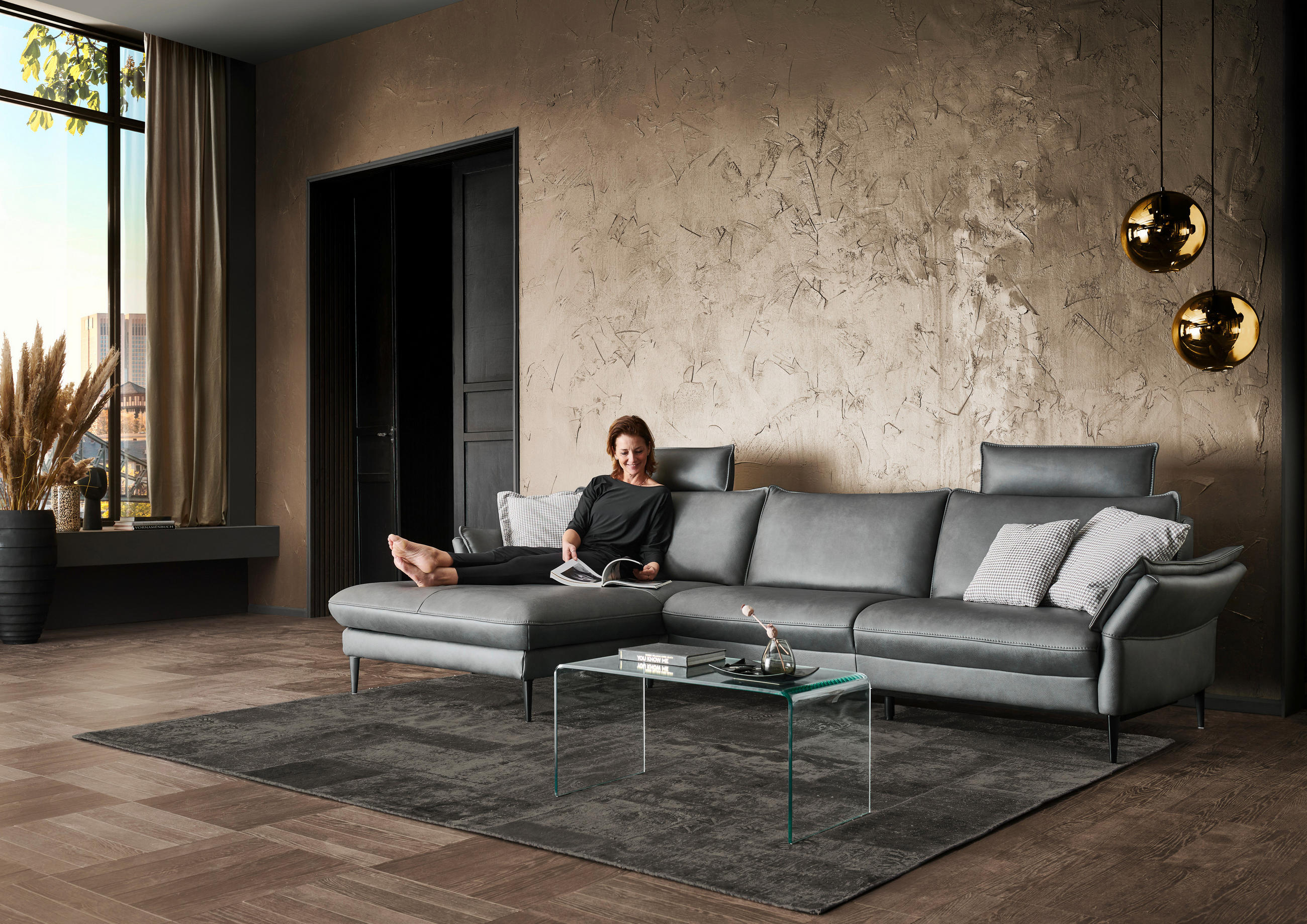 ECKSOFA Anthrazit Echtleder  - Anthrazit/Schwarz, Design, Leder/Metall (172/334cm) - Valdera