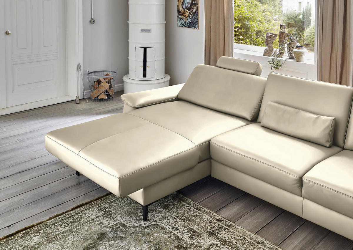ECKSOFA in Echtleder Creme, Naturfarben  - Creme/Schwarz, Design, Leder/Metall (176/334cm) - Dieter Knoll