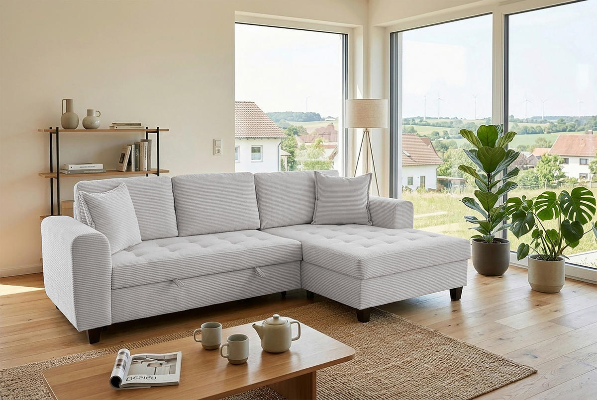 ECKSOFA MORITZ Hellgrau Cord Zierkissen, Bettkasten  - Hellgrau, Trend, Textil (265/155cm) - P & B