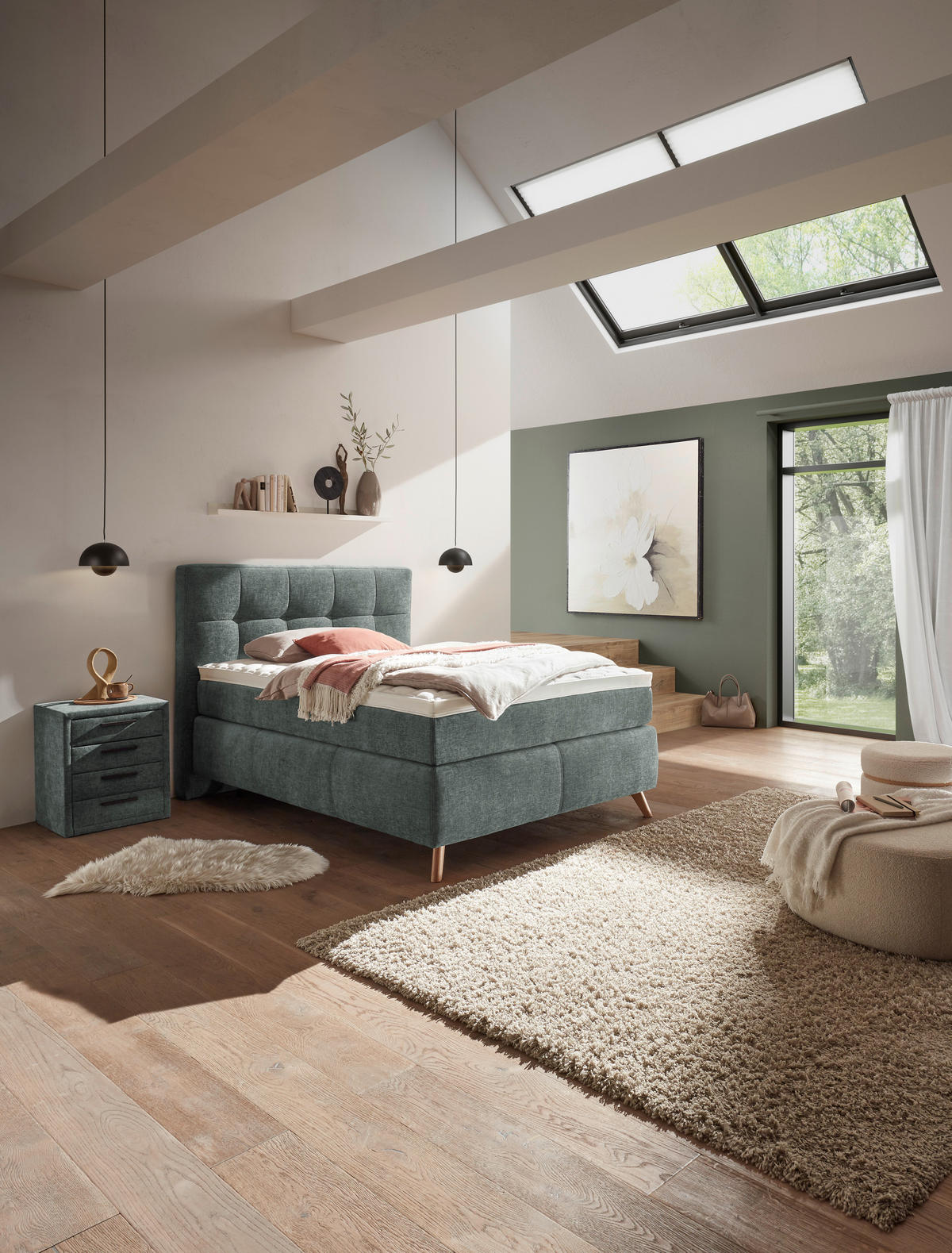 BOXSPRINGBETT 120/200 cm,  in Grün, H4 = sehr fest  - Alteiche/Grün, KONVENTIONELL, Holz/Textil (120/200cm) - Voleo